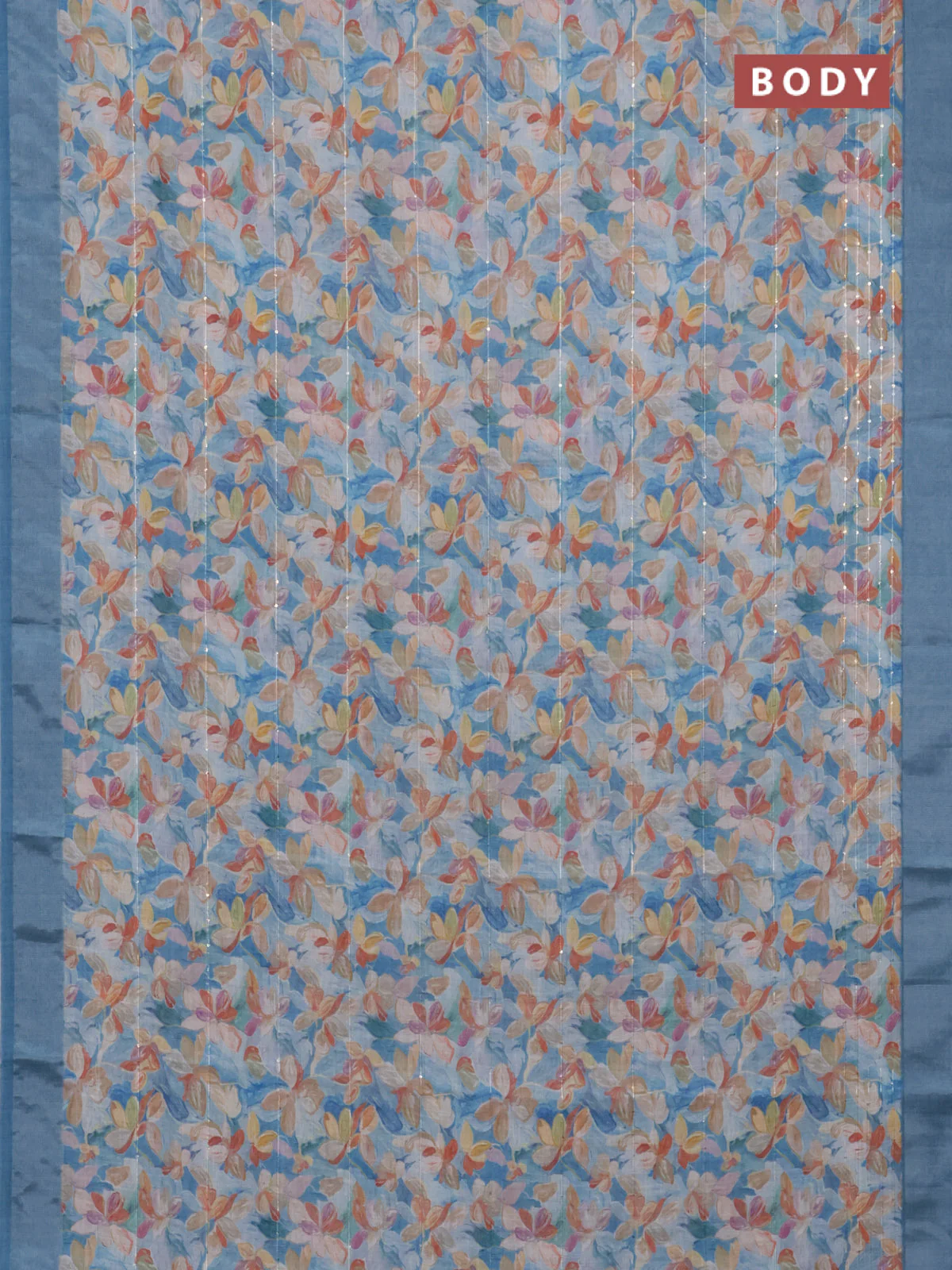 Linen cotton saree cs blue with floral prints & sequin work and silver zari woven border - Image 2