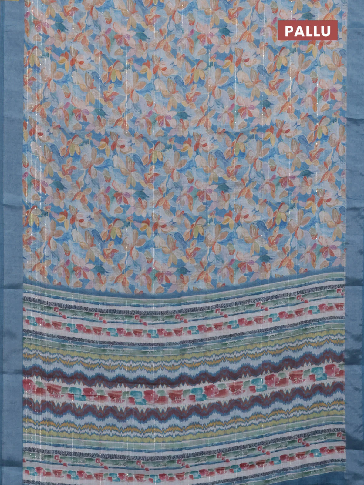 Linen cotton saree cs blue with floral prints & sequin work and silver zari woven border - Image 3