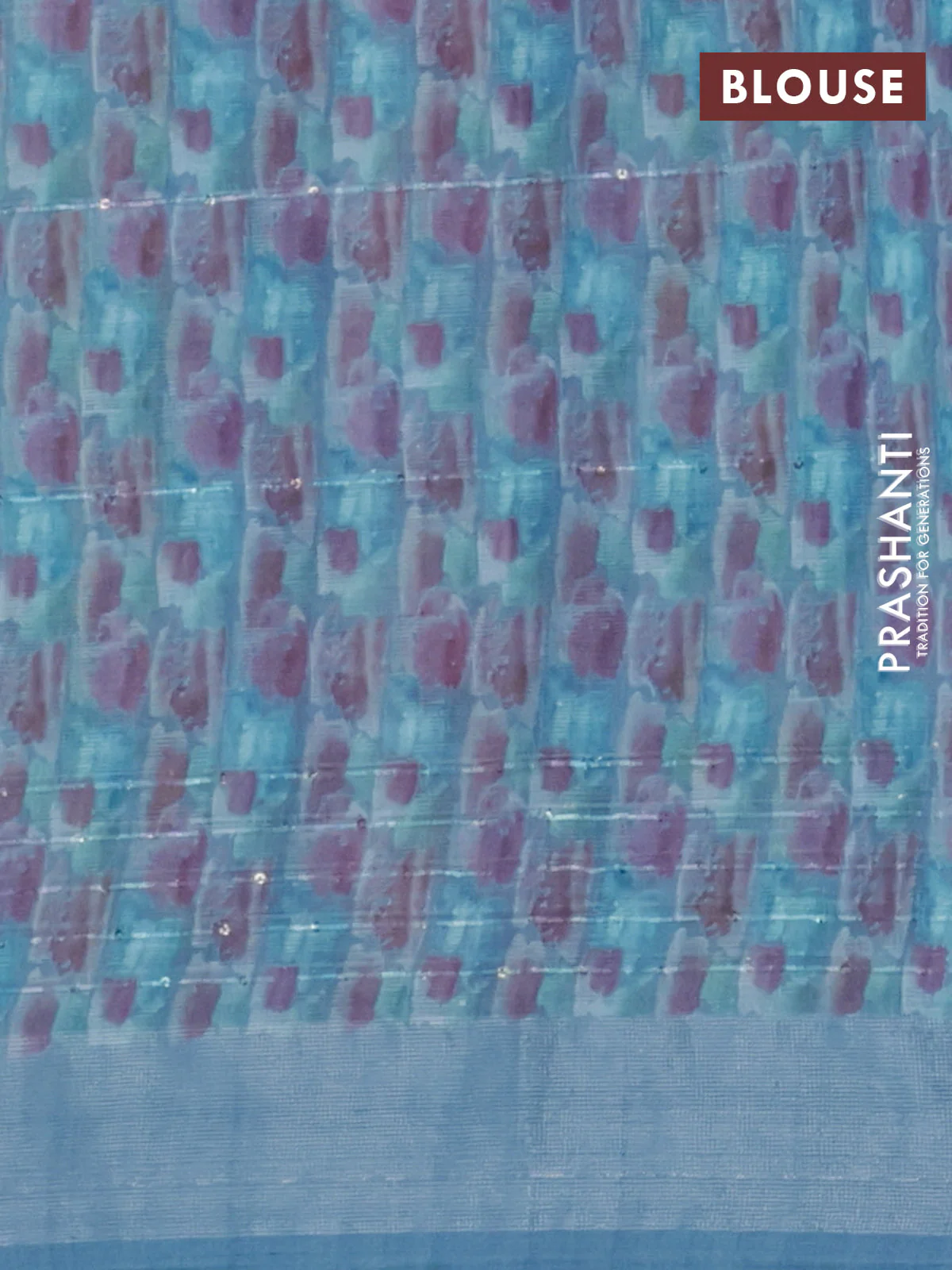 Linen cotton saree cs blue with floral prints & sequin work and silver zari woven border - Image 4