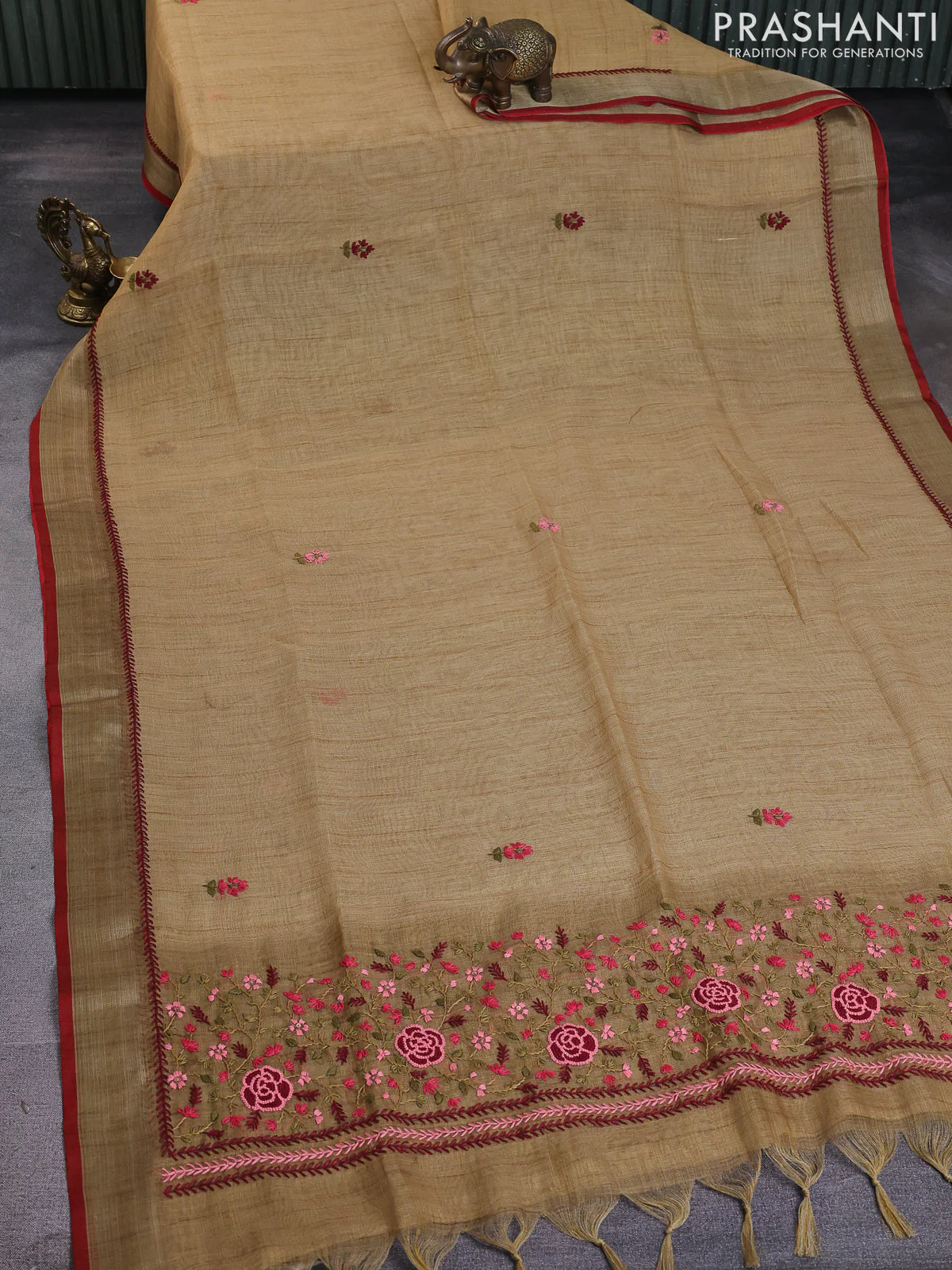 Linen cotton saree dark mustard with kantha stitch work and zari woven border - Image 2
