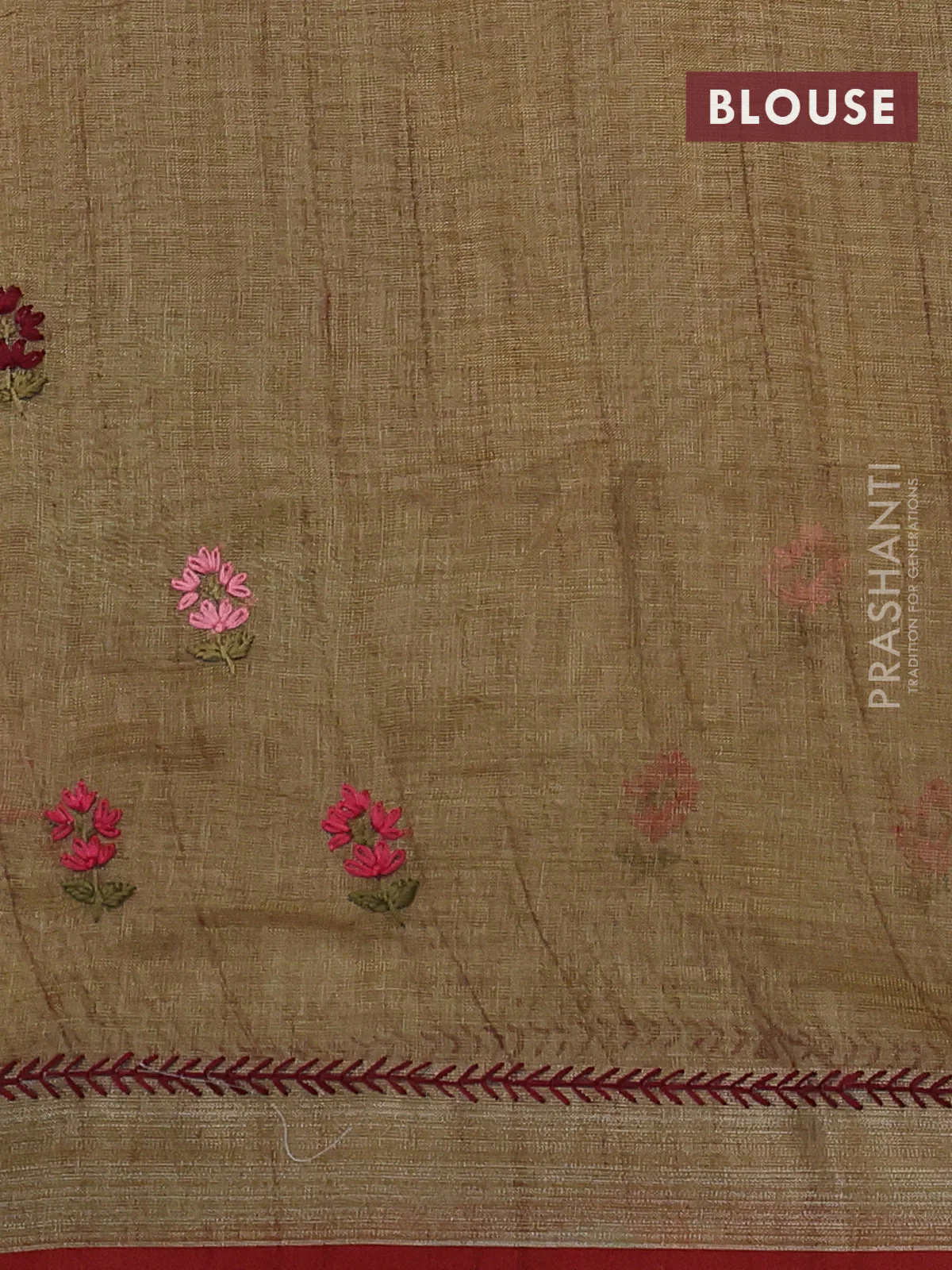 Linen cotton saree dark mustard with kantha stitch work and zari woven border - Image 3