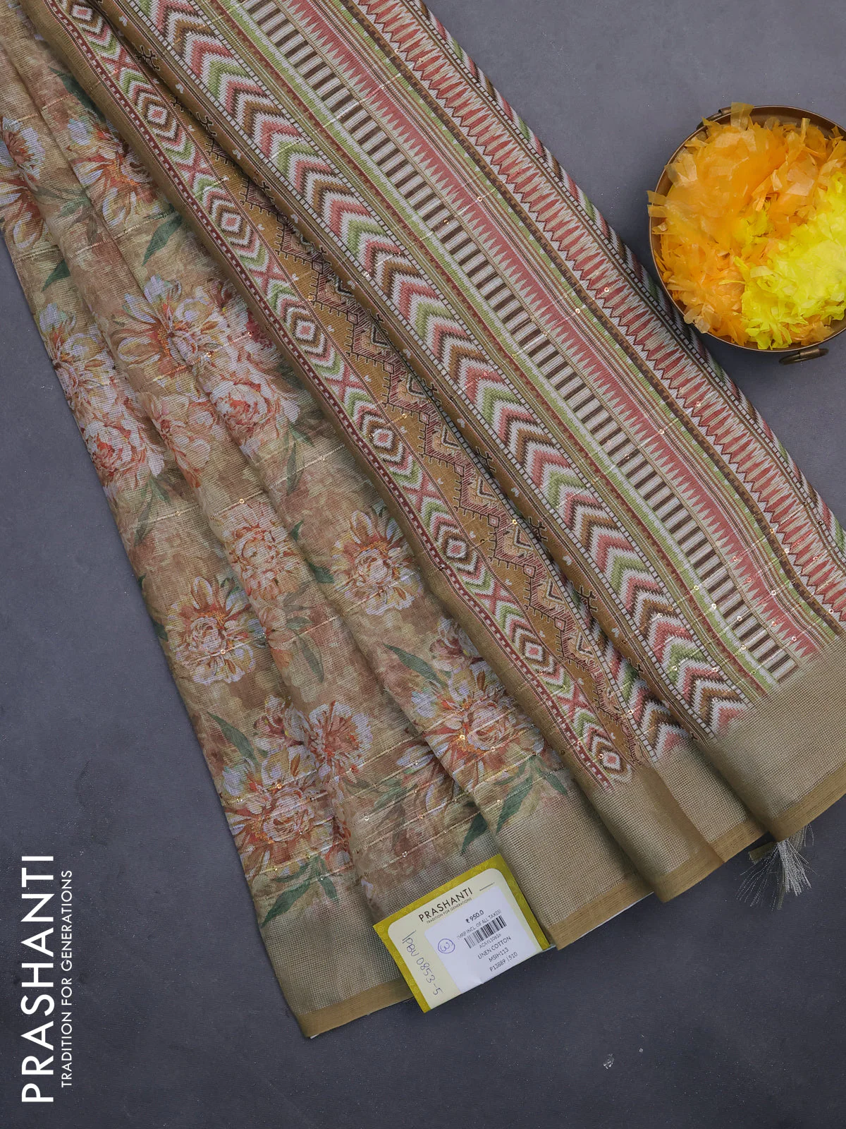 Linen cotton saree dark sandal with floral prints & sequin work and silver zari woven border