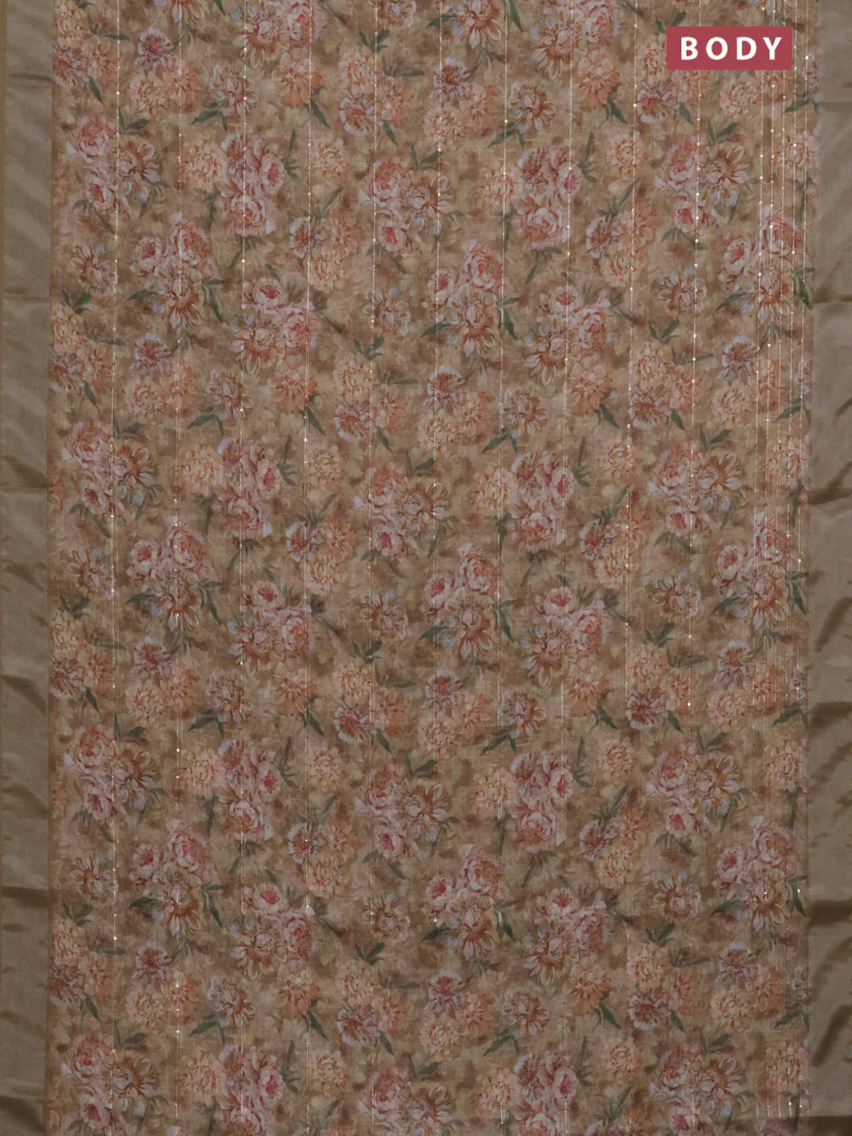 Linen cotton saree dark sandal with floral prints & sequin work and silver zari woven border - Image 2