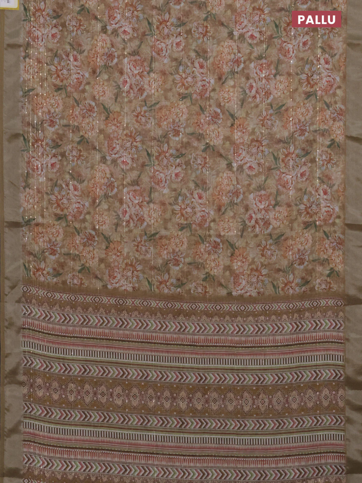 Linen cotton saree dark sandal with floral prints & sequin work and silver zari woven border - Image 3