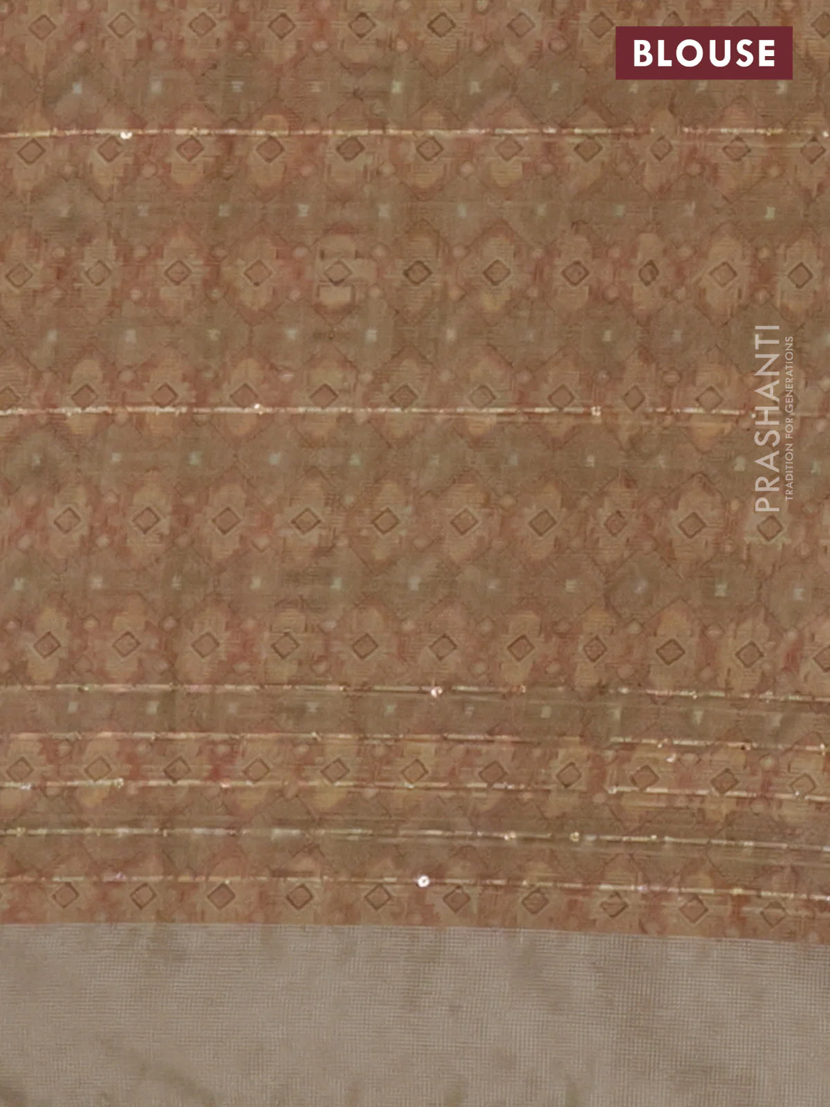 Linen cotton saree dark sandal with floral prints & sequin work and silver zari woven border - Image 4