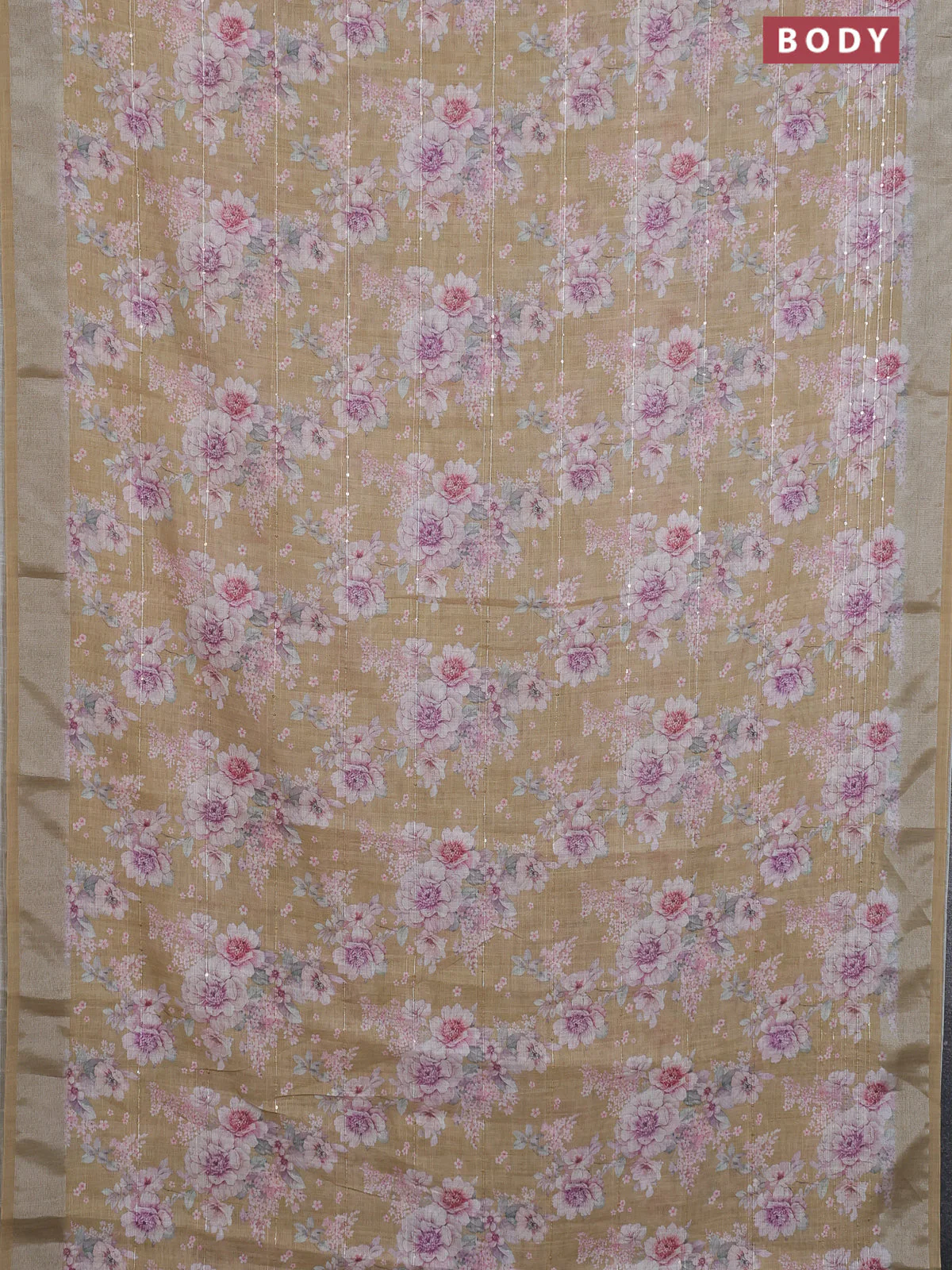 Linen cotton saree dark sandal with floral prints & sequin work and silver zari woven border - Image 2