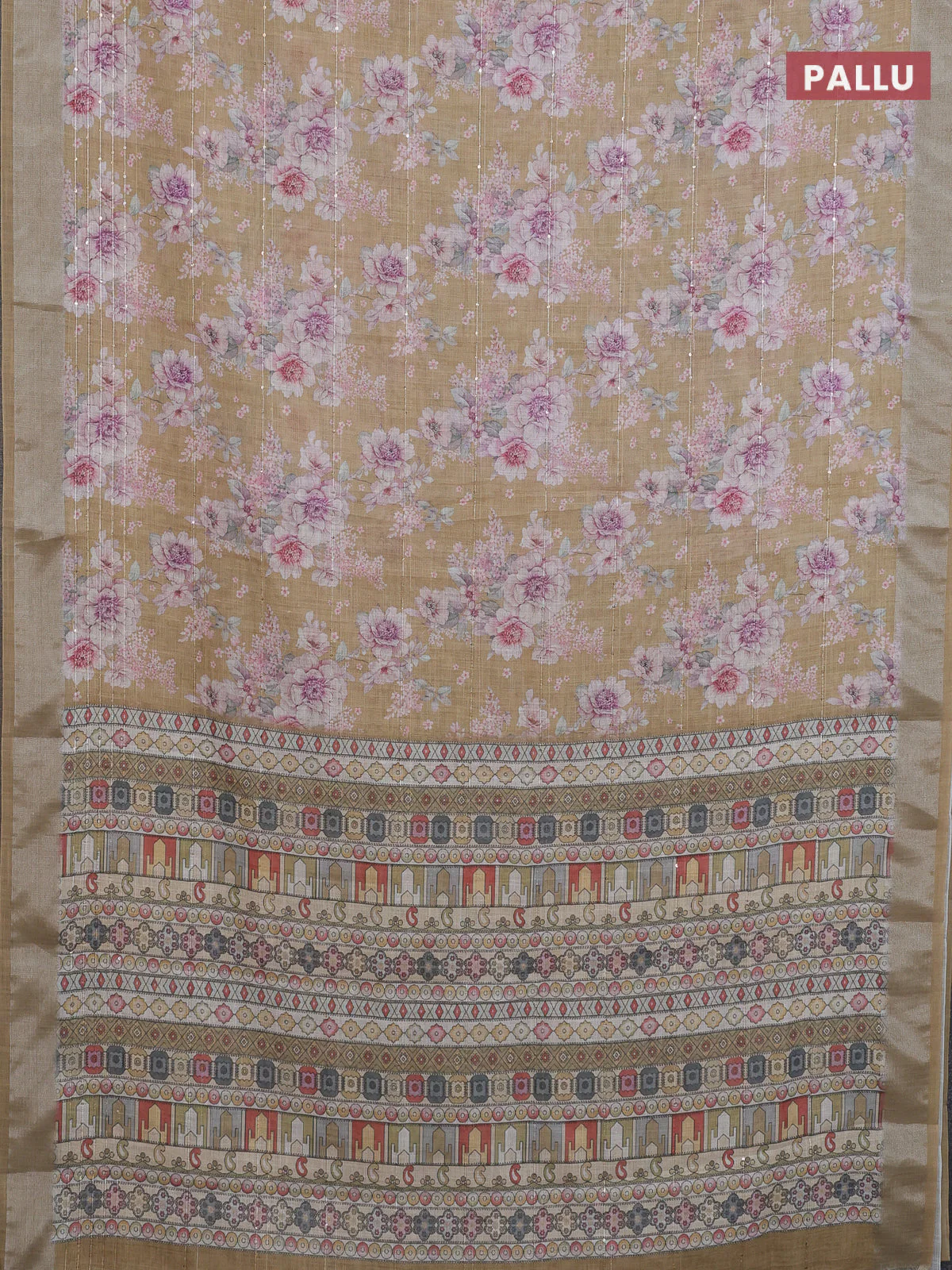 Linen cotton saree dark sandal with floral prints & sequin work and silver zari woven border - Image 3