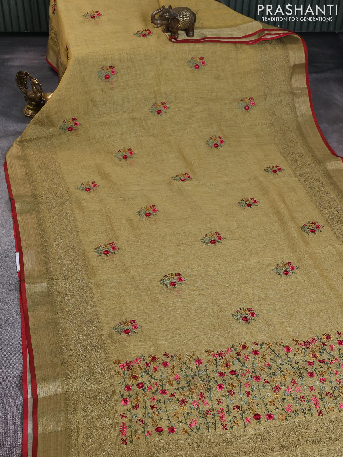Linen cotton saree elaichi green with kantha stitch work and embroidered zari border - Image 2