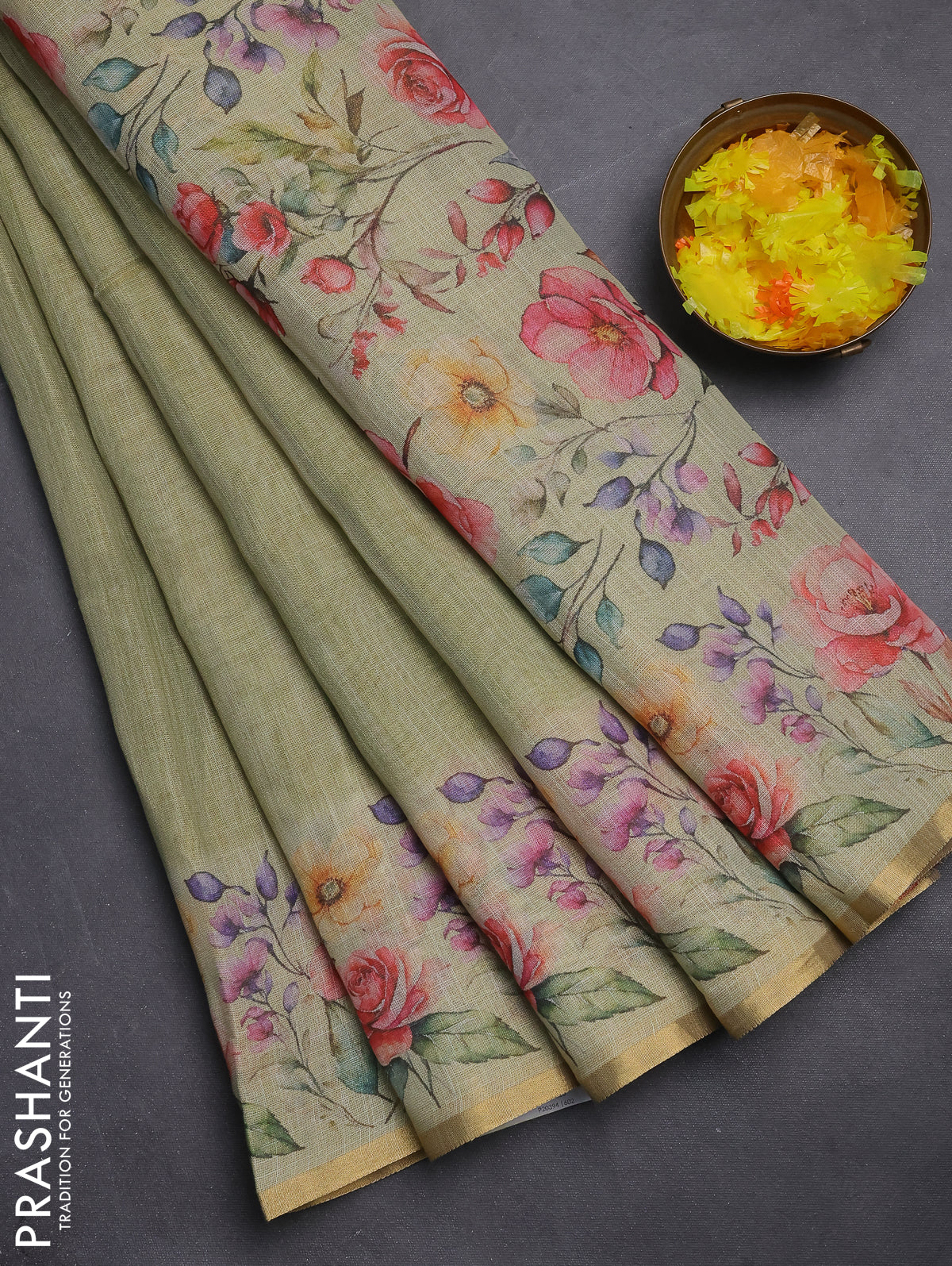 Linen cotton saree green shade with plain body and digital printed border