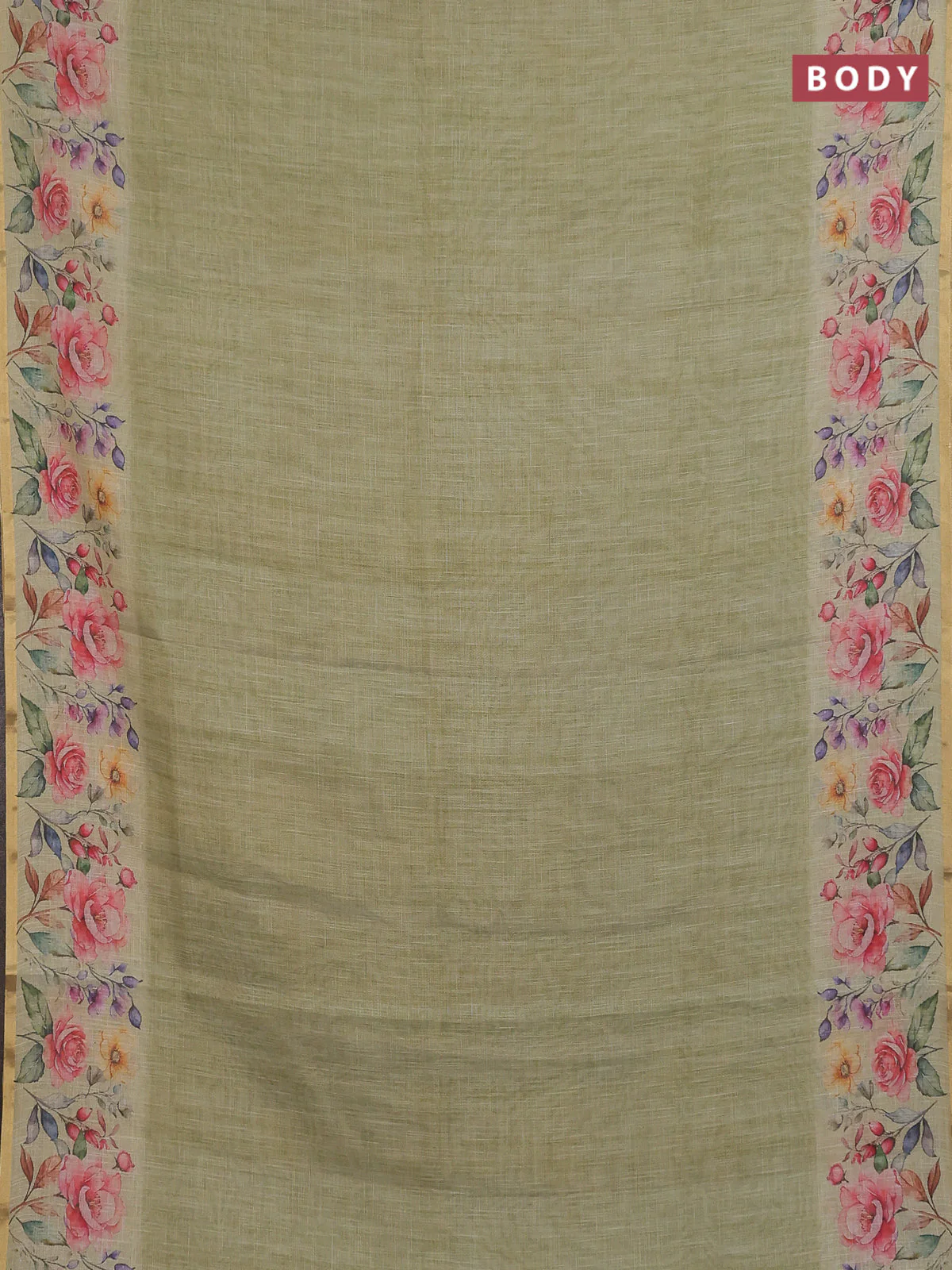 Linen cotton saree green shade with plain body and digital printed border - Image 2