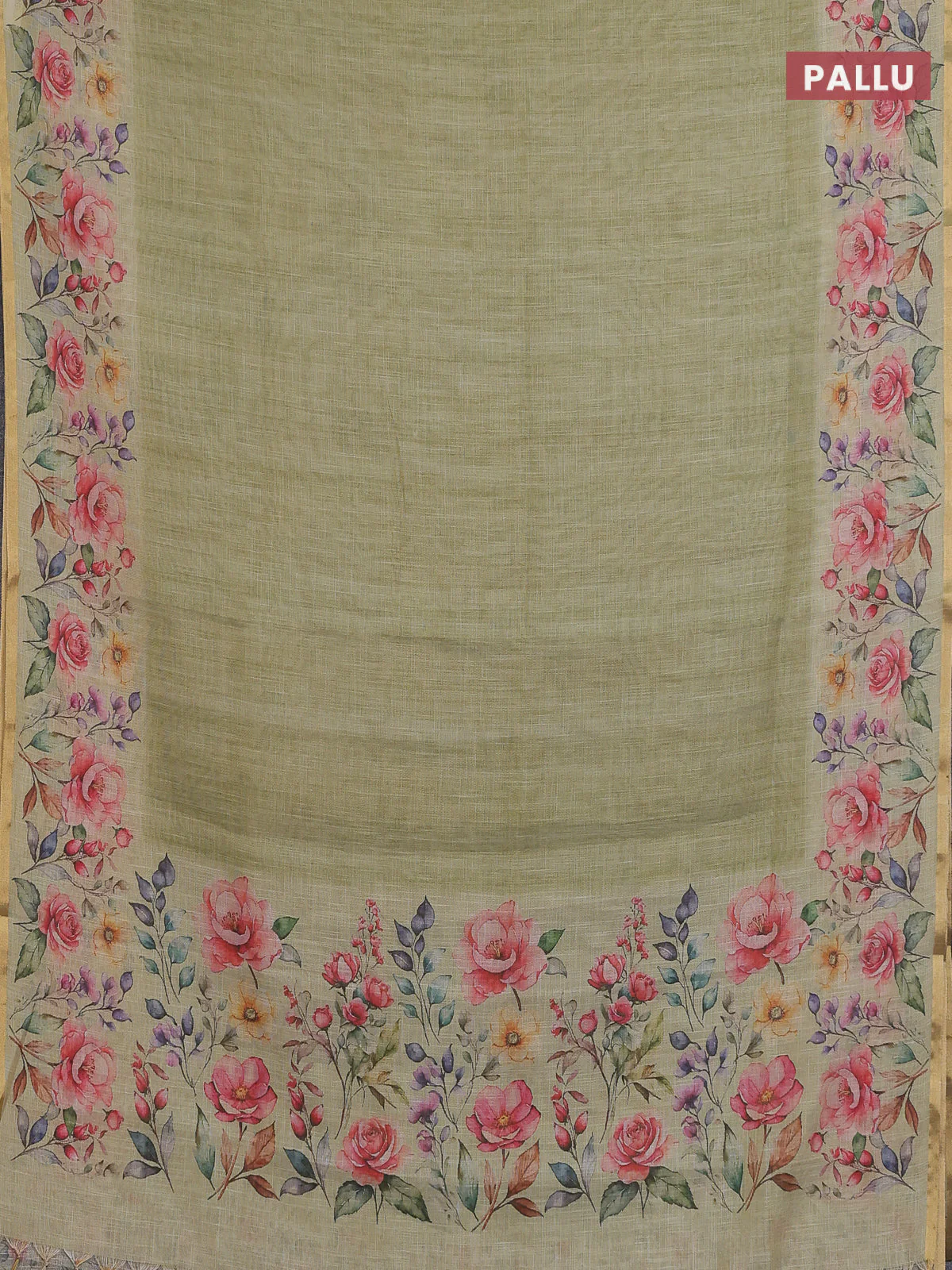 Linen cotton saree green shade with plain body and digital printed border - Image 3