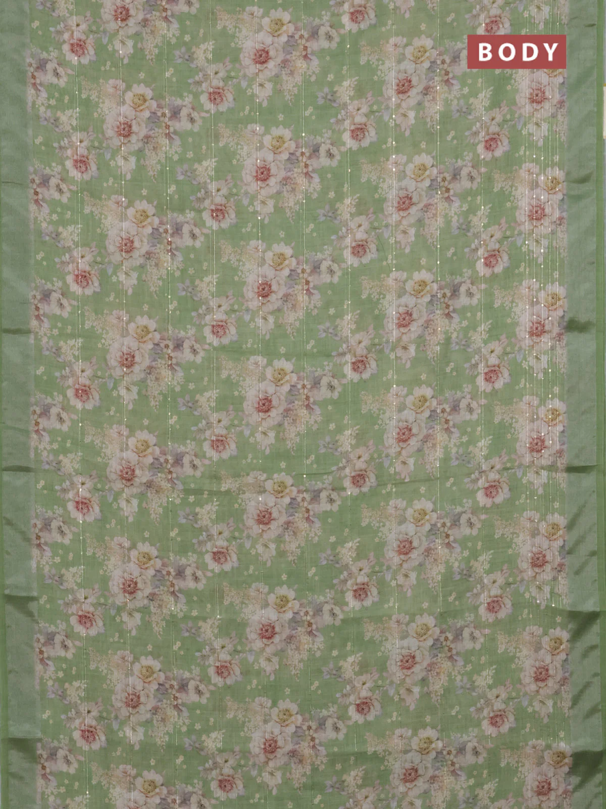 Linen cotton saree green with floral prints & sequin work and silver zari woven border - Image 2