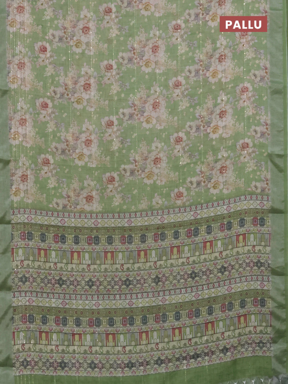 Linen cotton saree green with floral prints & sequin work and silver zari woven border - Image 3