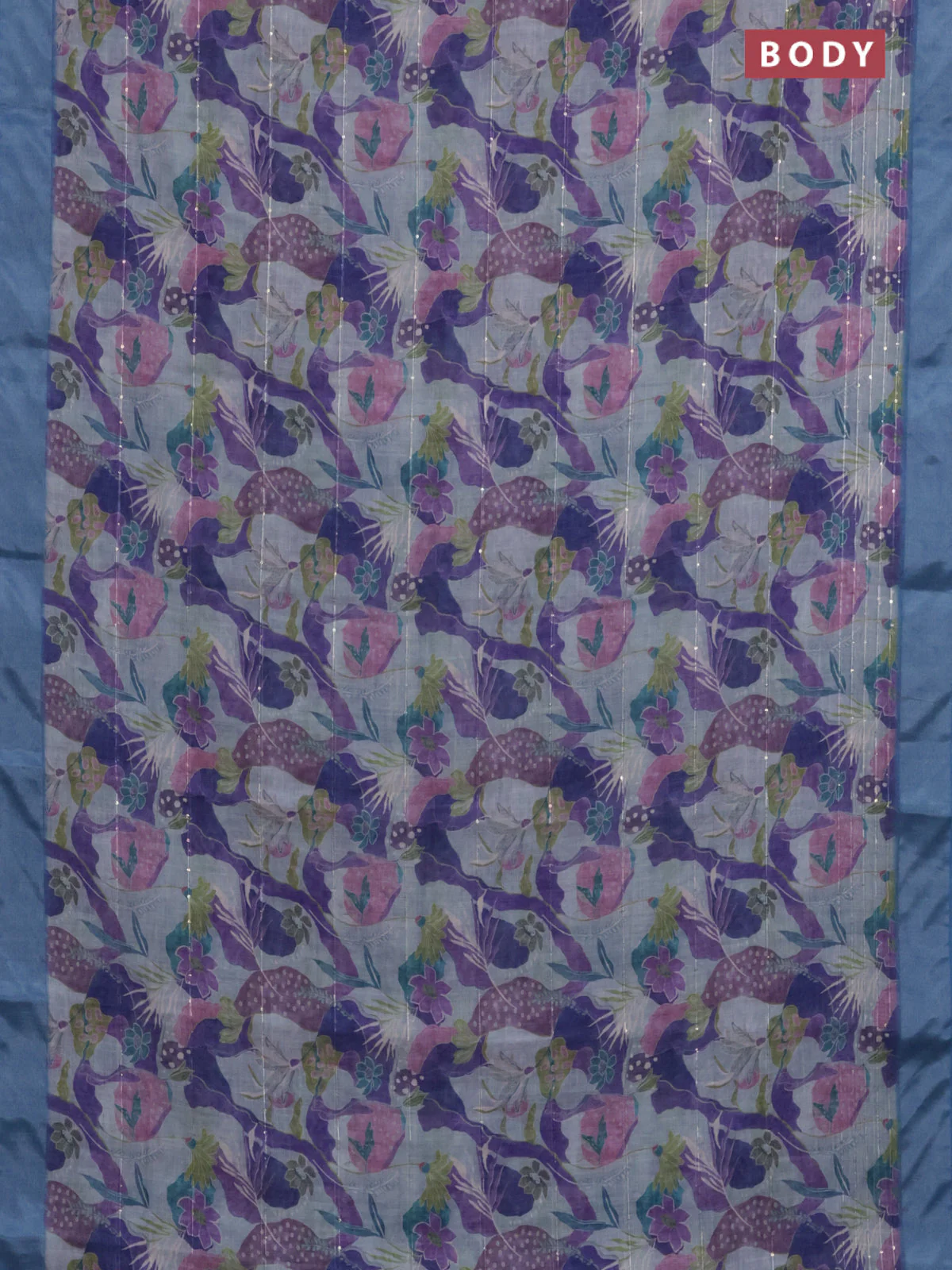 Linen cotton saree grey and blue with allover floral prints & sequin work and silver zari woven border - Image 2