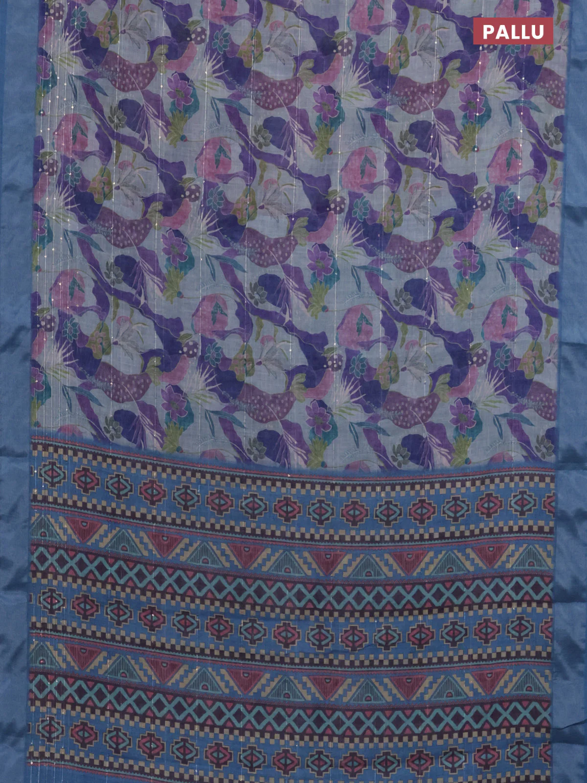Linen cotton saree grey and blue with allover floral prints & sequin work and silver zari woven border - Image 3