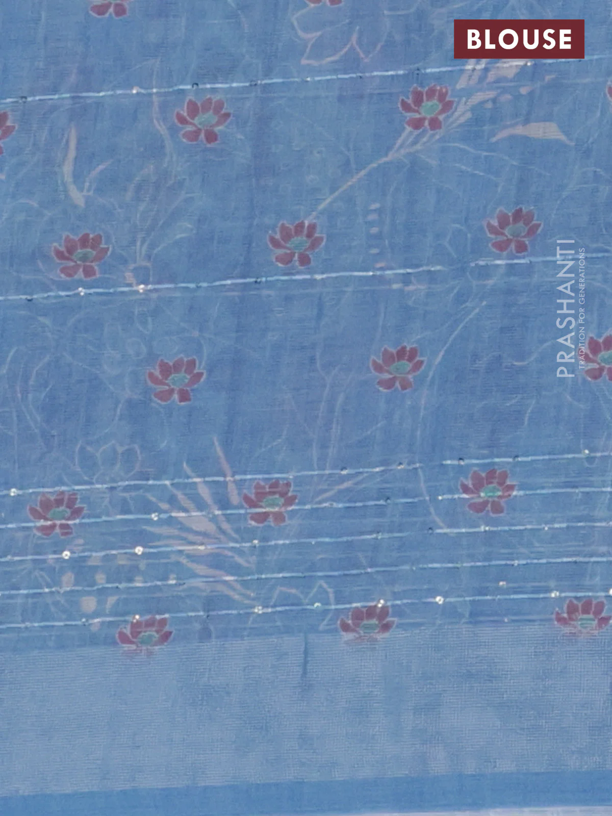 Linen cotton saree grey and blue with allover floral prints & sequin work and silver zari woven border - Image 4
