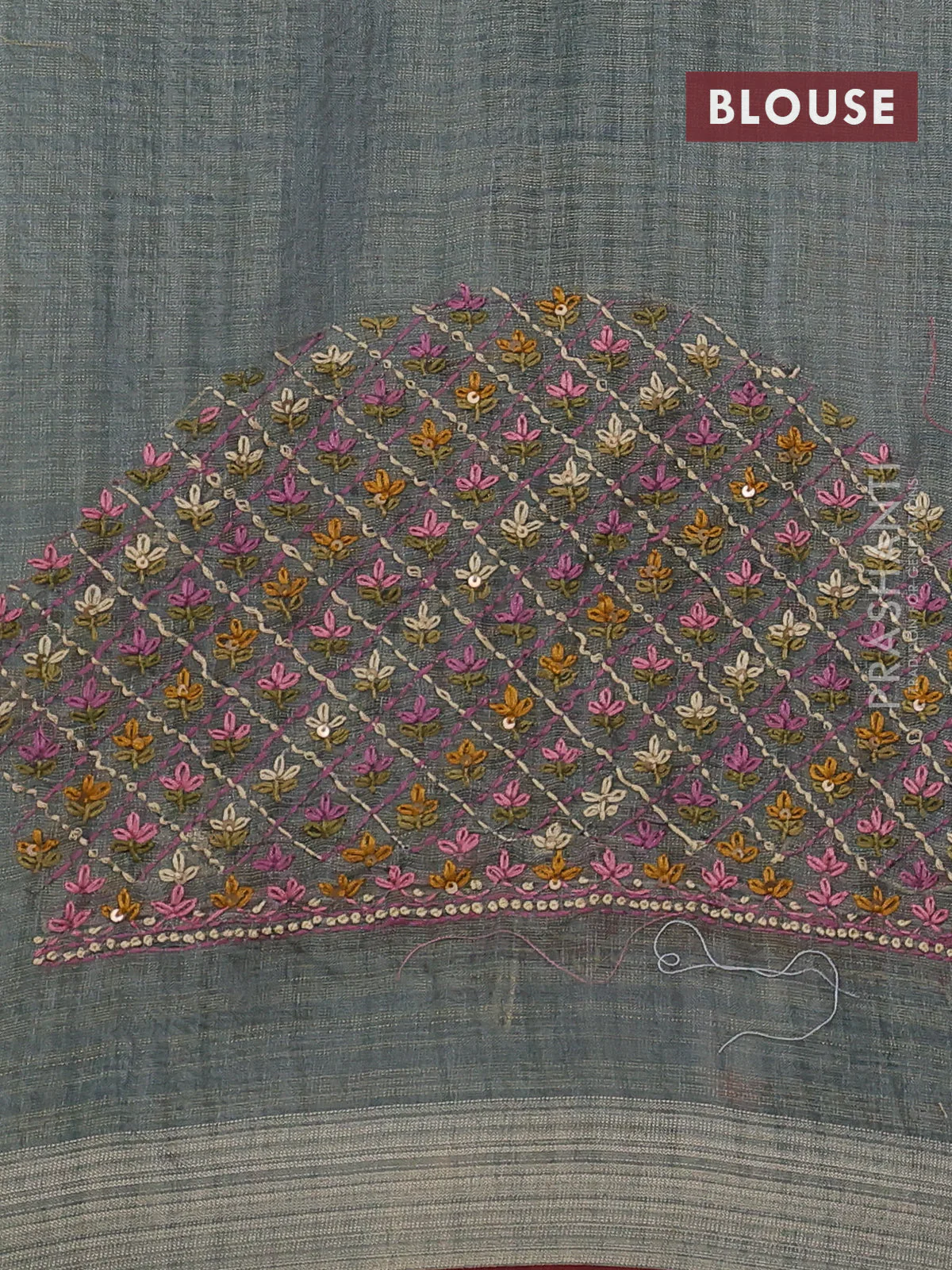 Linen cotton saree grey and maroon with kantha stitch work and zari woven border - Image 3