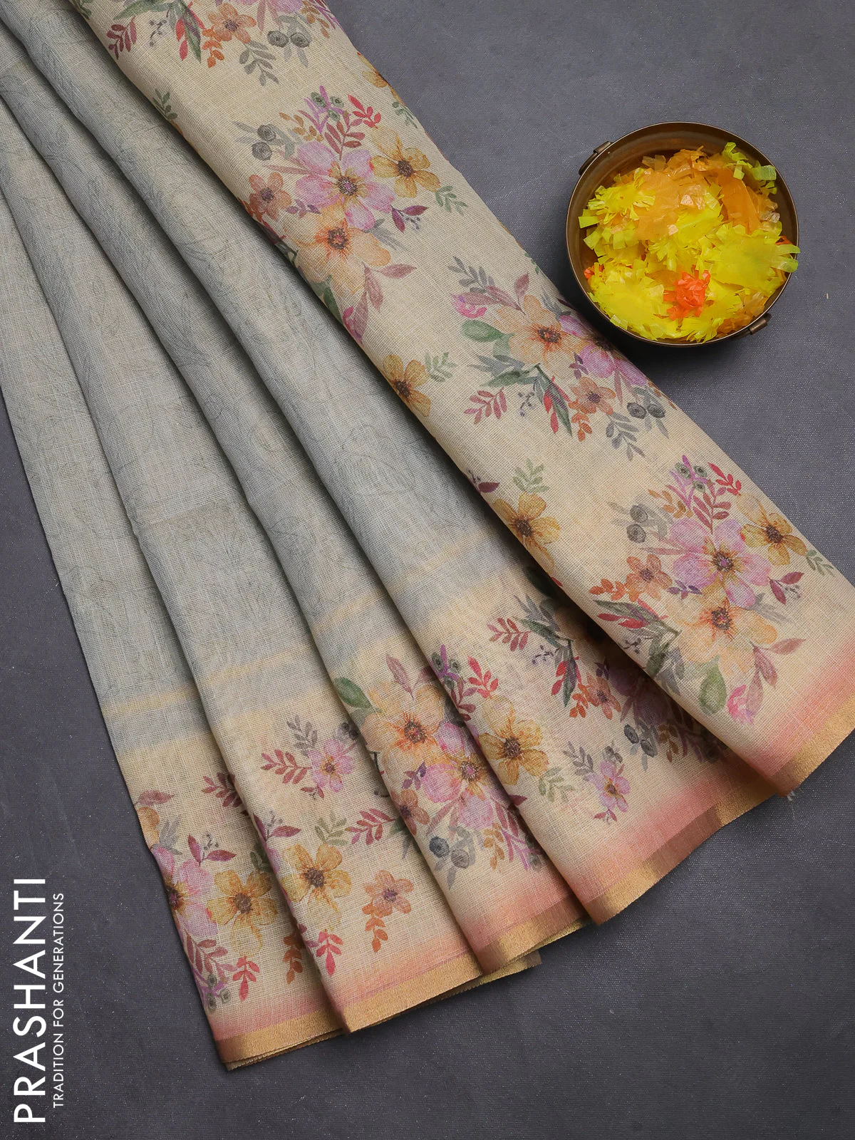 Linen cotton saree grey shade with allover prints and printed border