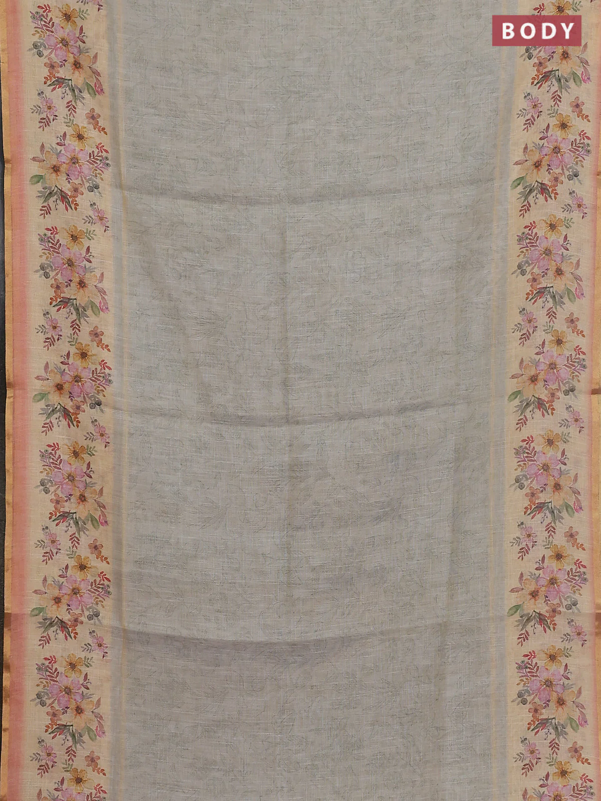 Linen cotton saree grey shade with allover prints and printed border - Image 2