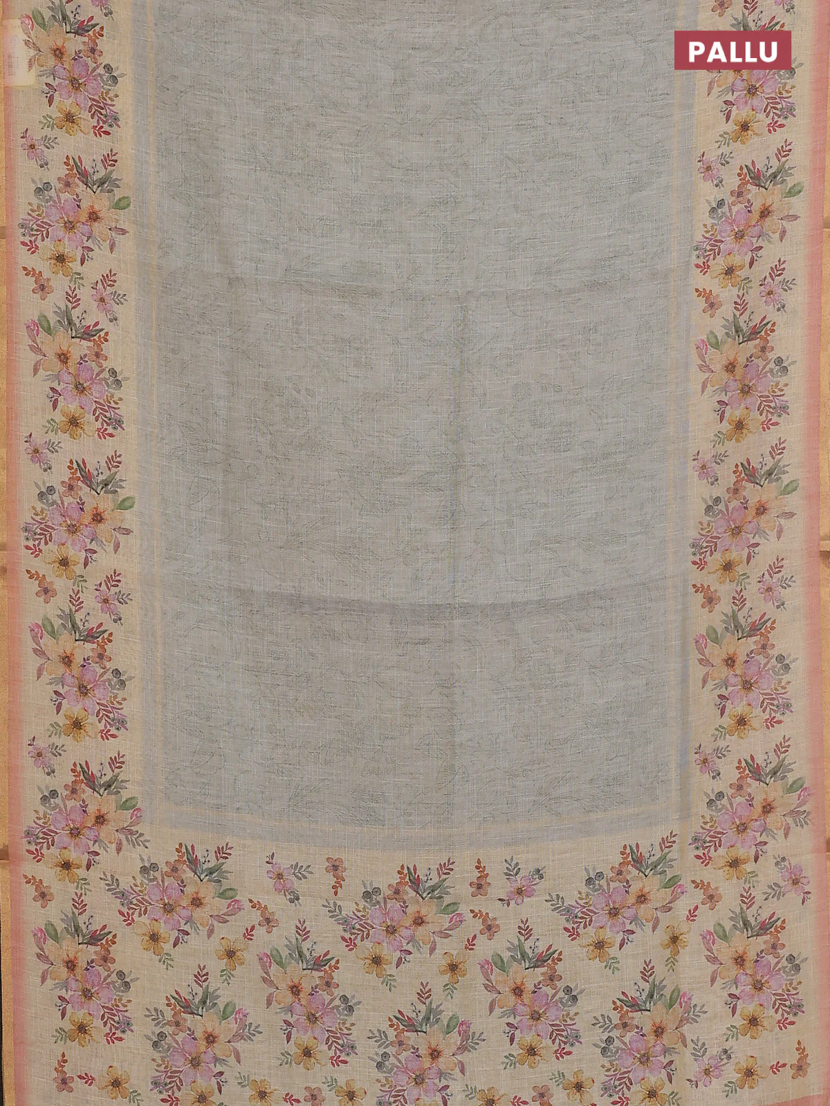Linen cotton saree grey shade with allover prints and printed border - Image 3