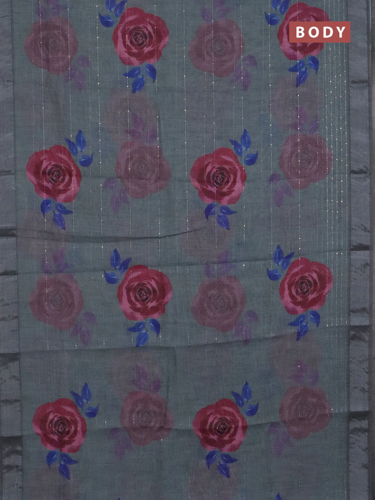 Linen cotton saree grey with allover floral prints & sequin work and silver zari woven border - Image 2