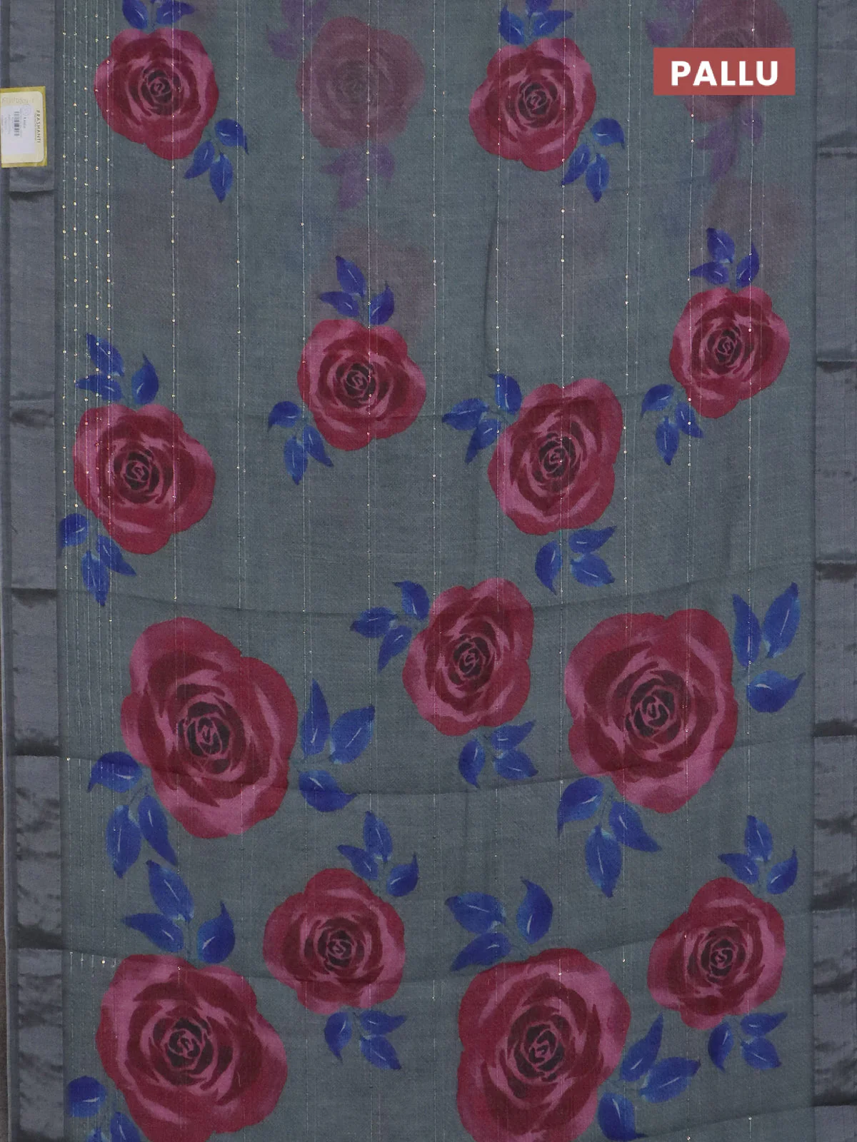 Linen cotton saree grey with allover floral prints & sequin work and silver zari woven border - Image 3