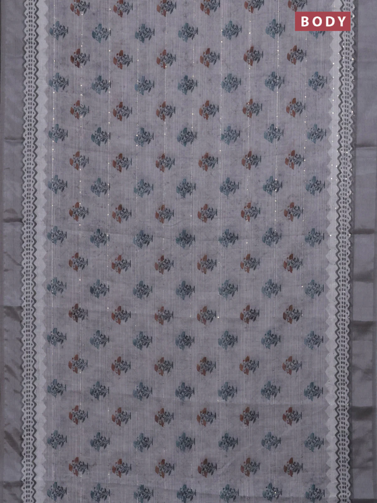 Linen cotton saree grey with floral butta prints & sequin work and silver zari woven border - Image 2