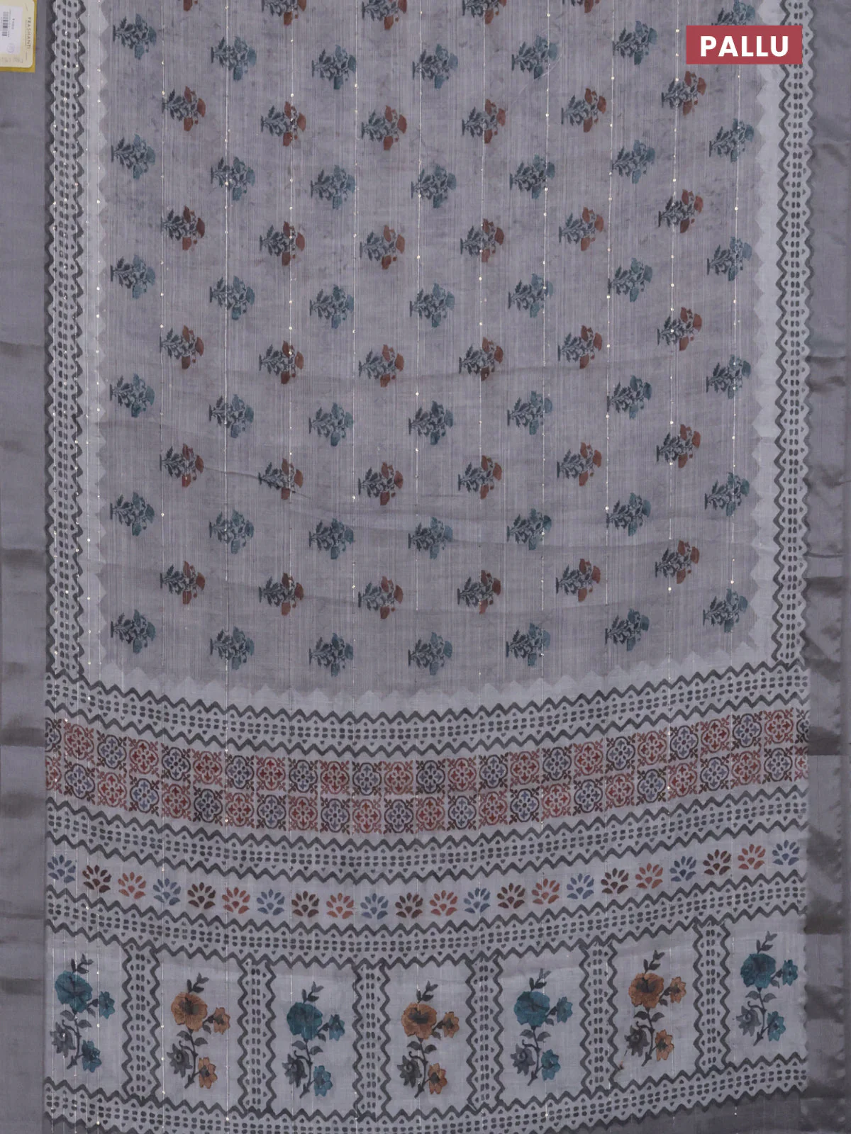 Linen cotton saree grey with floral butta prints & sequin work and silver zari woven border - Image 3