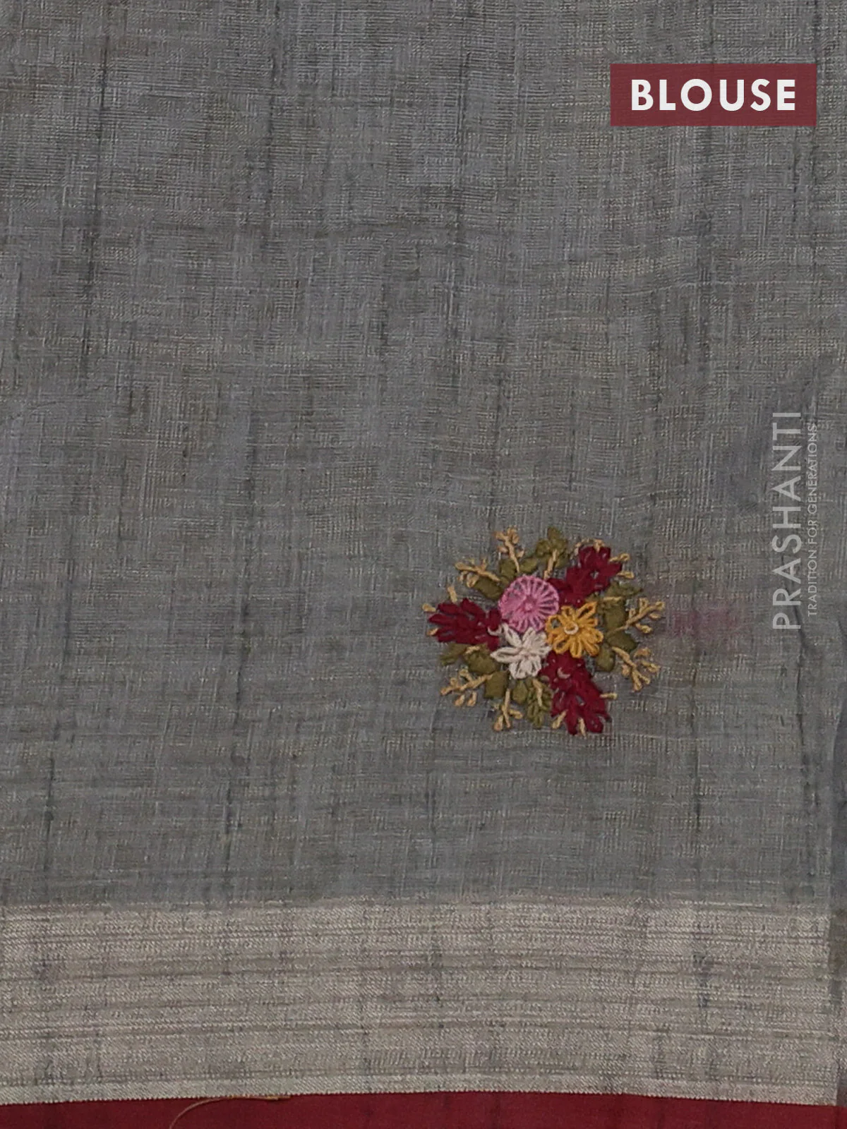 Linen cotton saree grey with kantha stitch work and zari woven border - Image 3