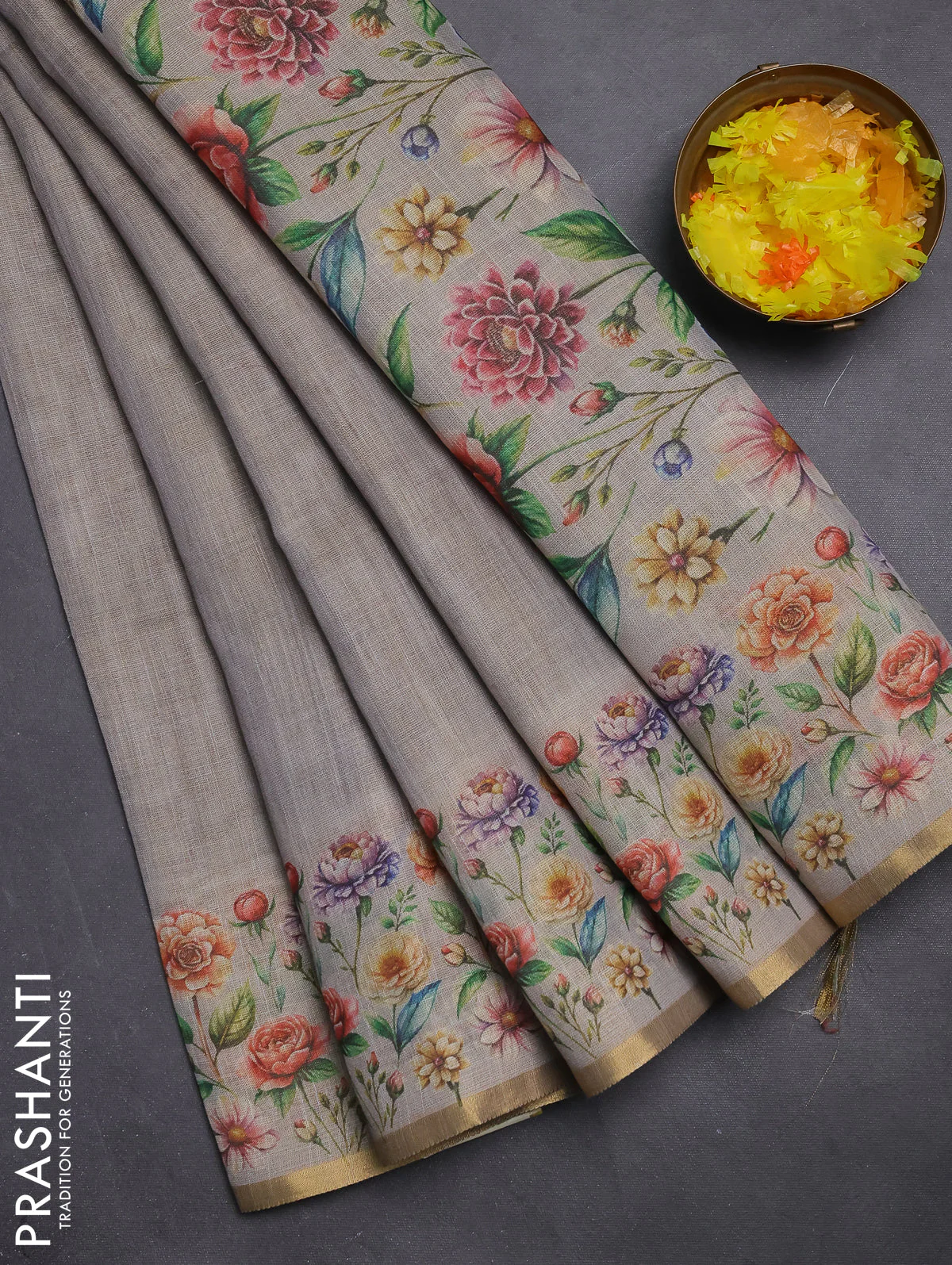 Linen cotton saree grey with plain body and digital printed border