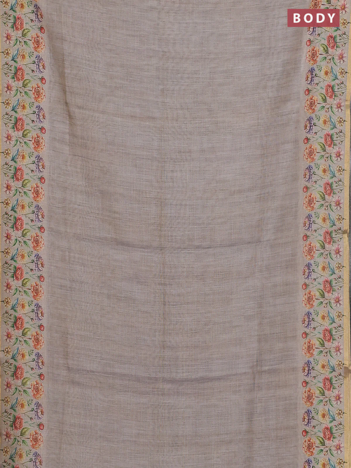 Linen cotton saree grey with plain body and digital printed border - Image 2