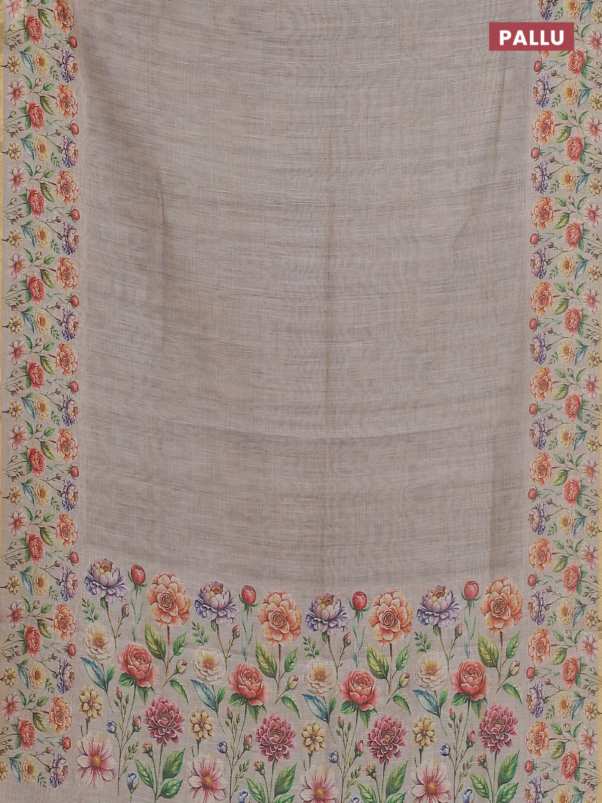 Linen cotton saree grey with plain body and digital printed border - Image 3