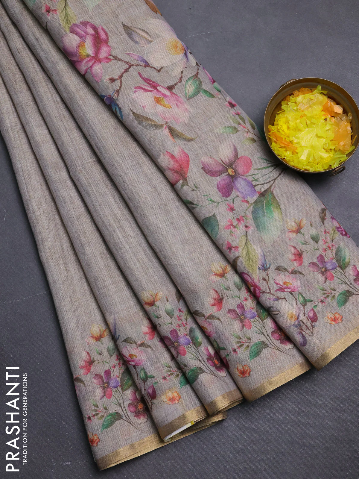 Linen cotton saree grey with plain body and digital printed border