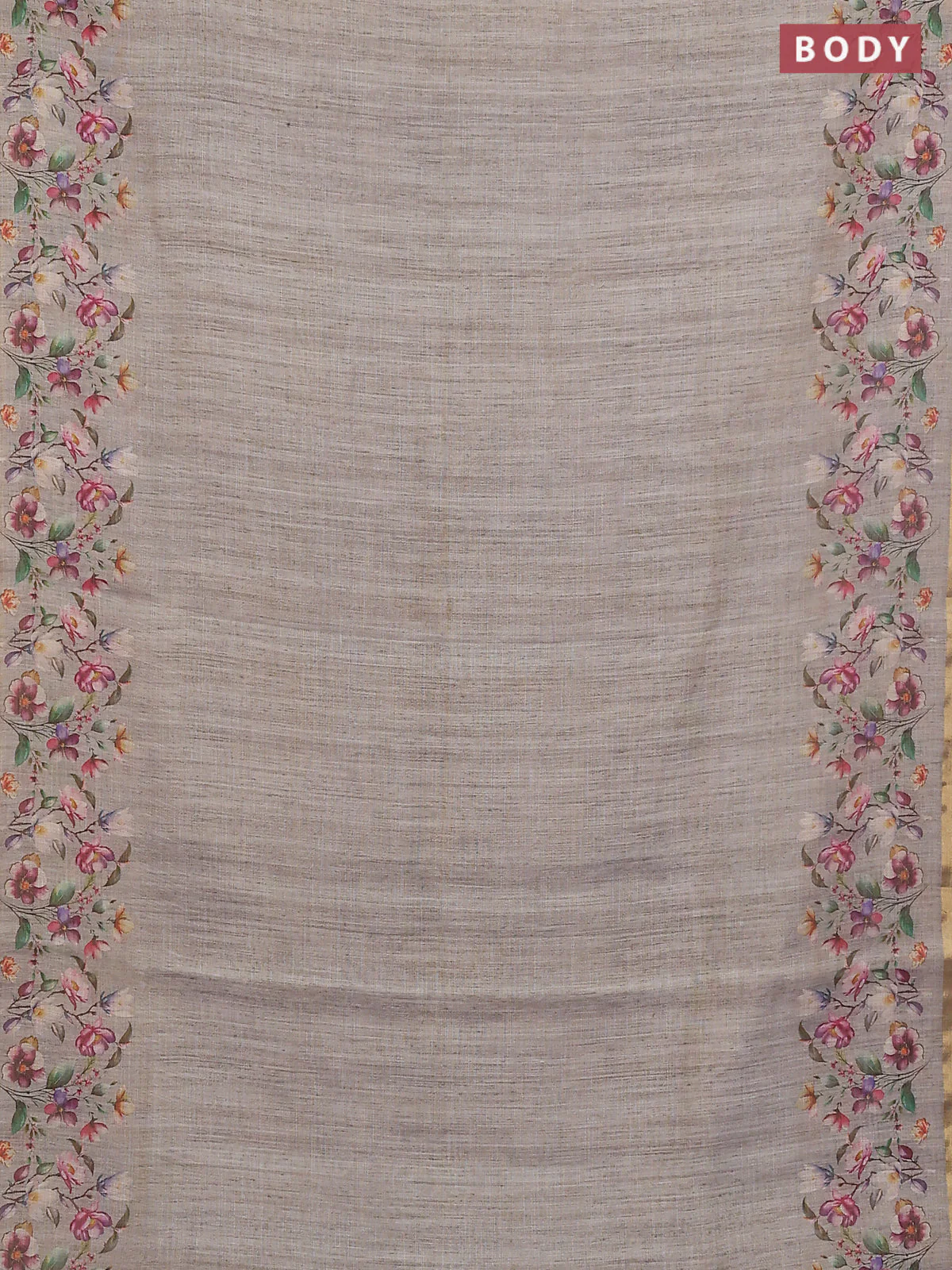 Linen cotton saree grey with plain body and digital printed border - Image 2
