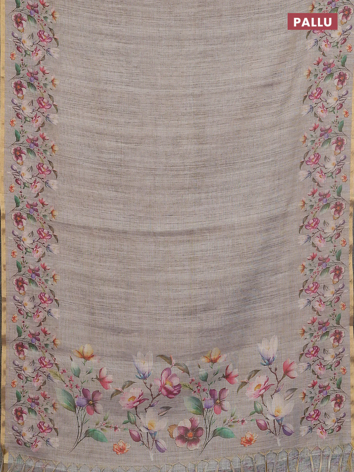 Linen cotton saree grey with plain body and digital printed border - Image 3