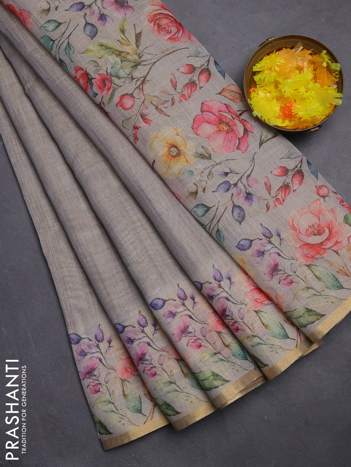 Linen cotton saree grey with plain body and digital printed border