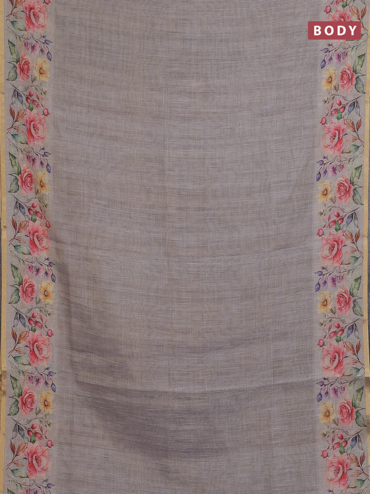 Linen cotton saree grey with plain body and digital printed border - Image 2