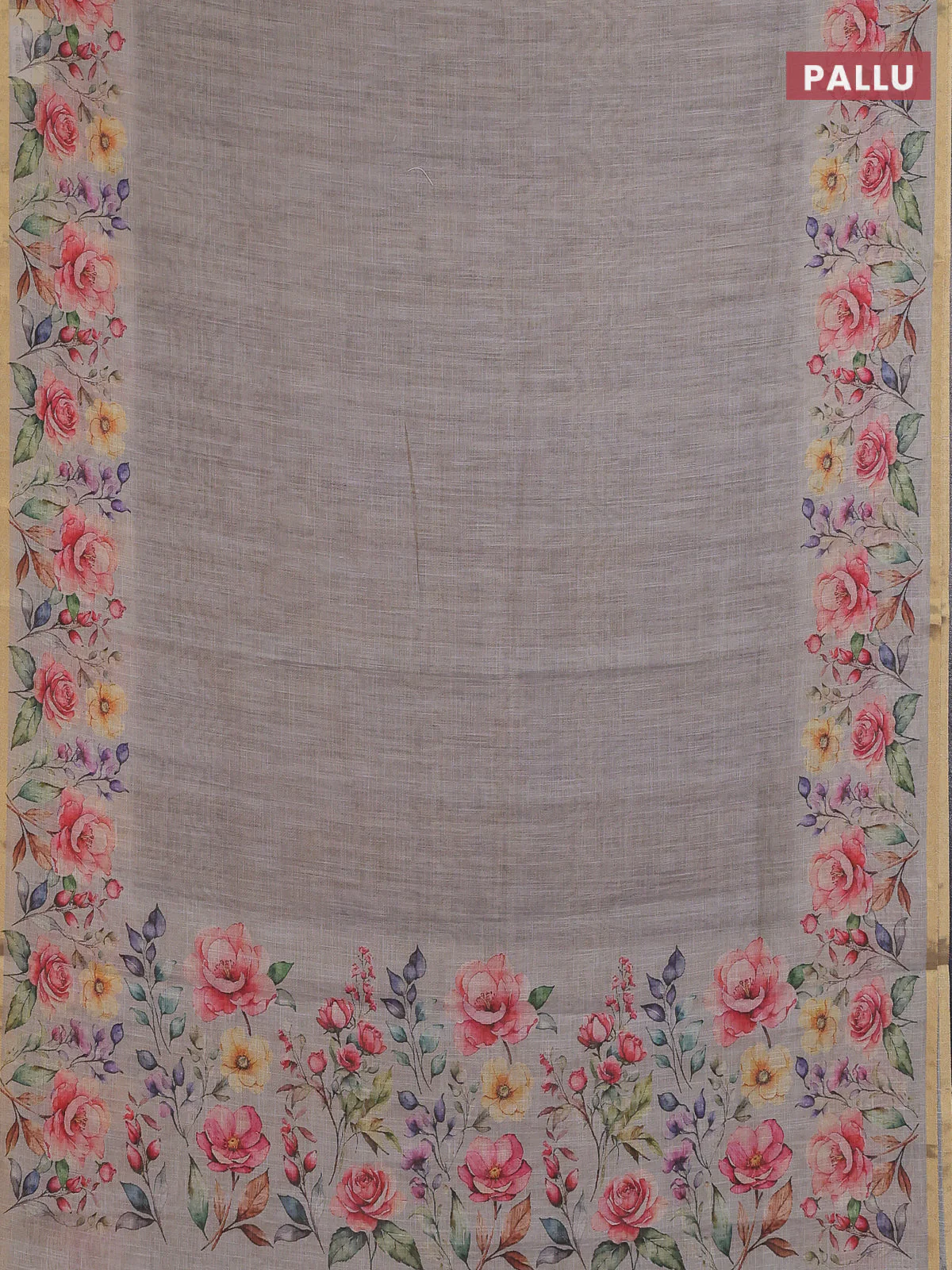 Linen cotton saree grey with plain body and digital printed border - Image 3