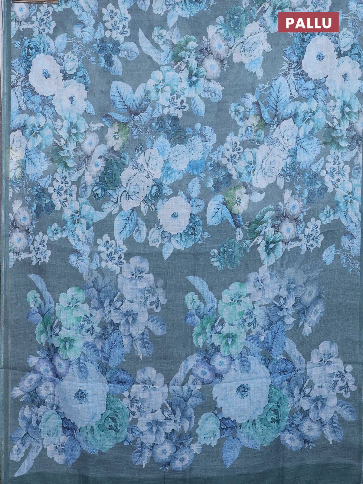 Linen cotton saree greyish green with allover floral digital prints and simple border - Image 3