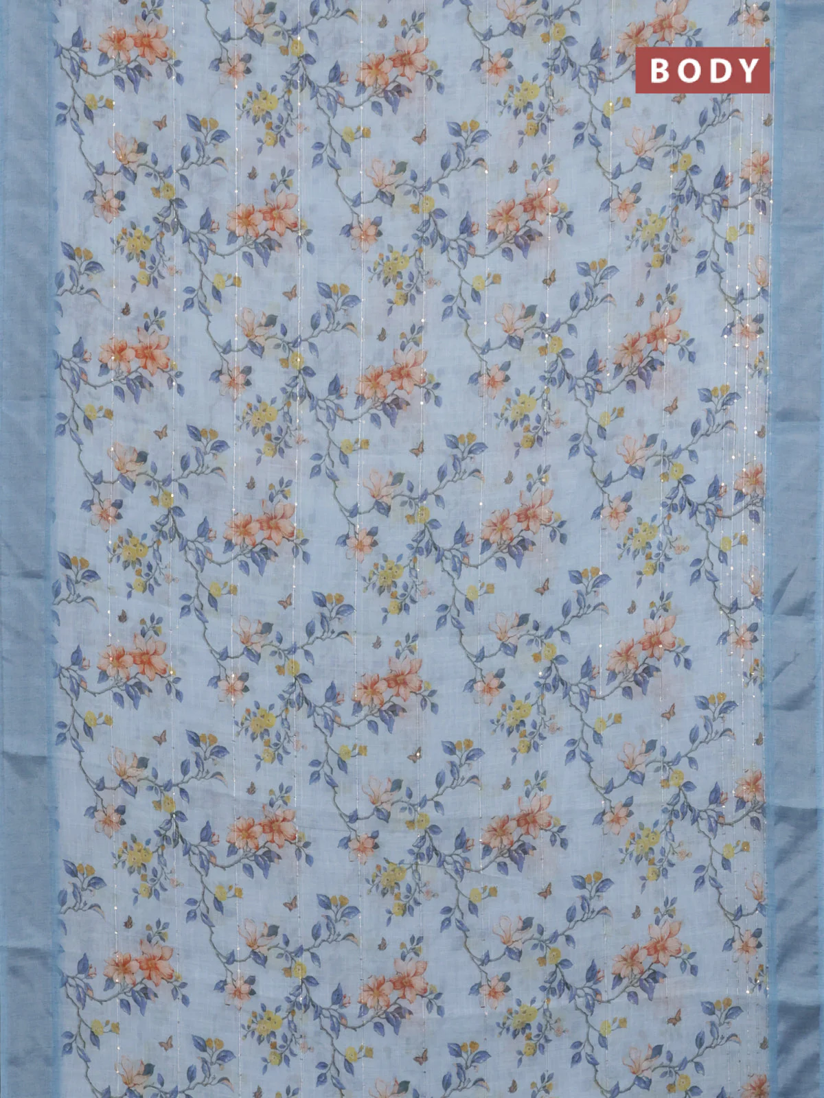 Linen cotton saree light blue with allover floral prints & sequin work and silver zari woven border - Image 2