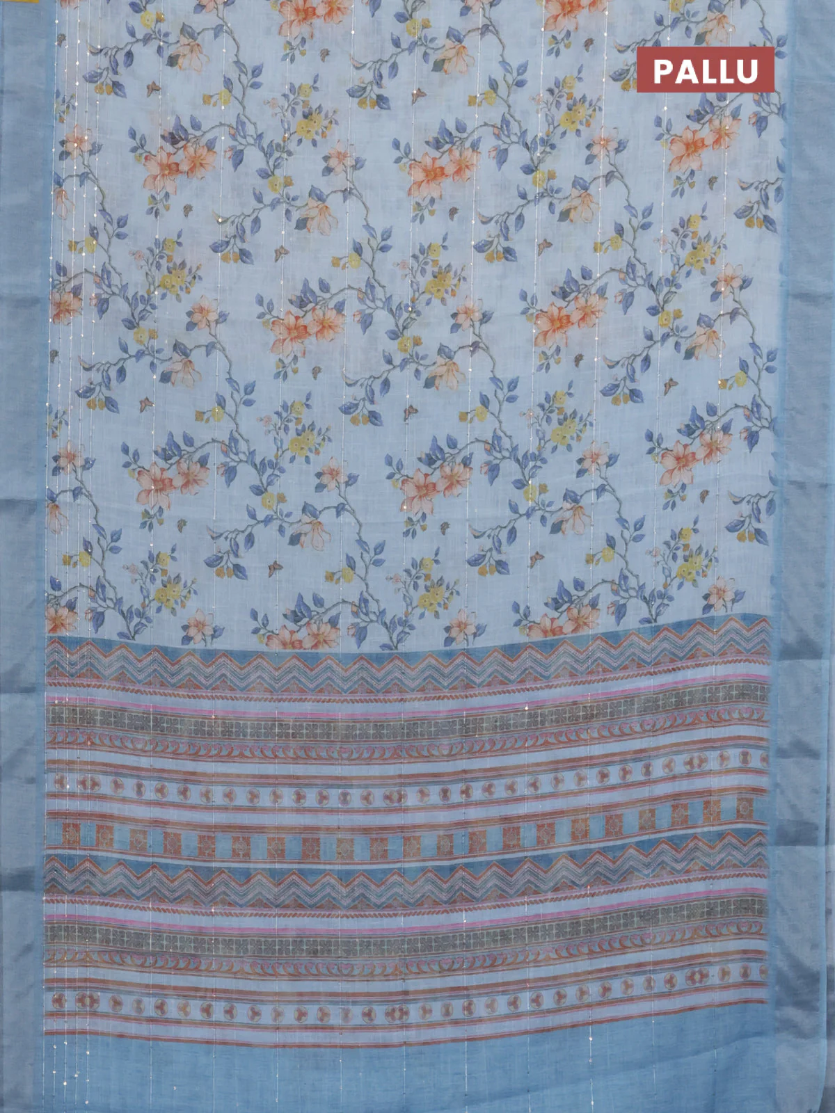 Linen cotton saree light blue with allover floral prints & sequin work and silver zari woven border - Image 3