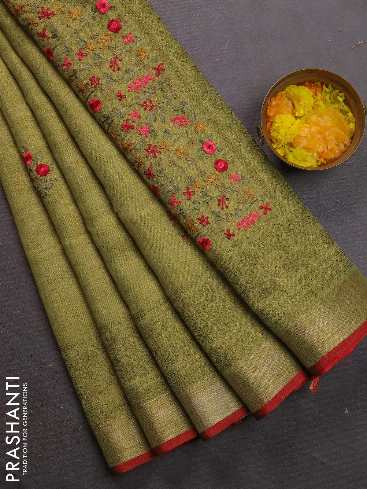 Linen cotton saree light green and maroon with kantha stitch work and embroidered zari border