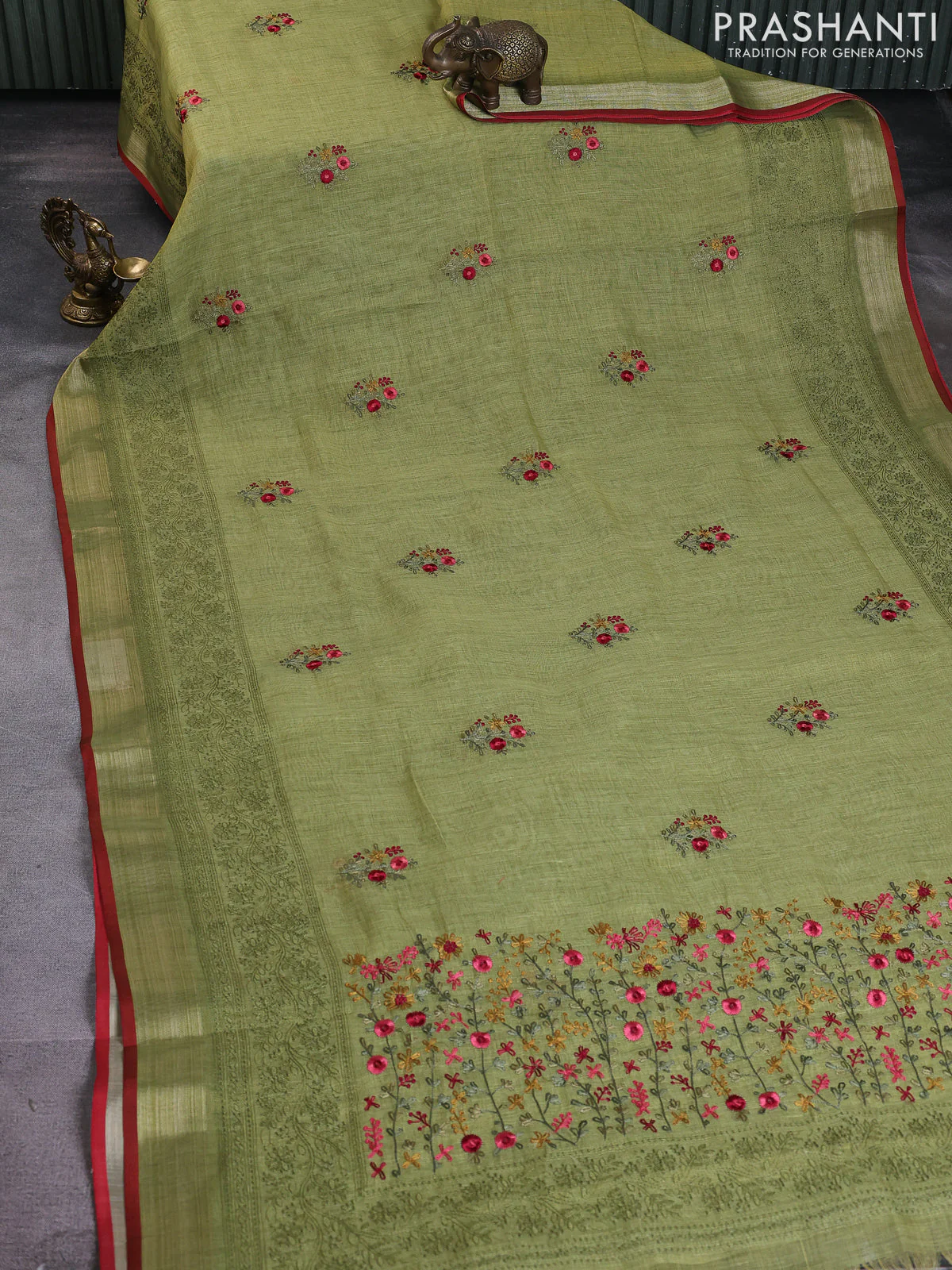 Linen cotton saree light green and maroon with kantha stitch work and embroidered zari border - Image 2