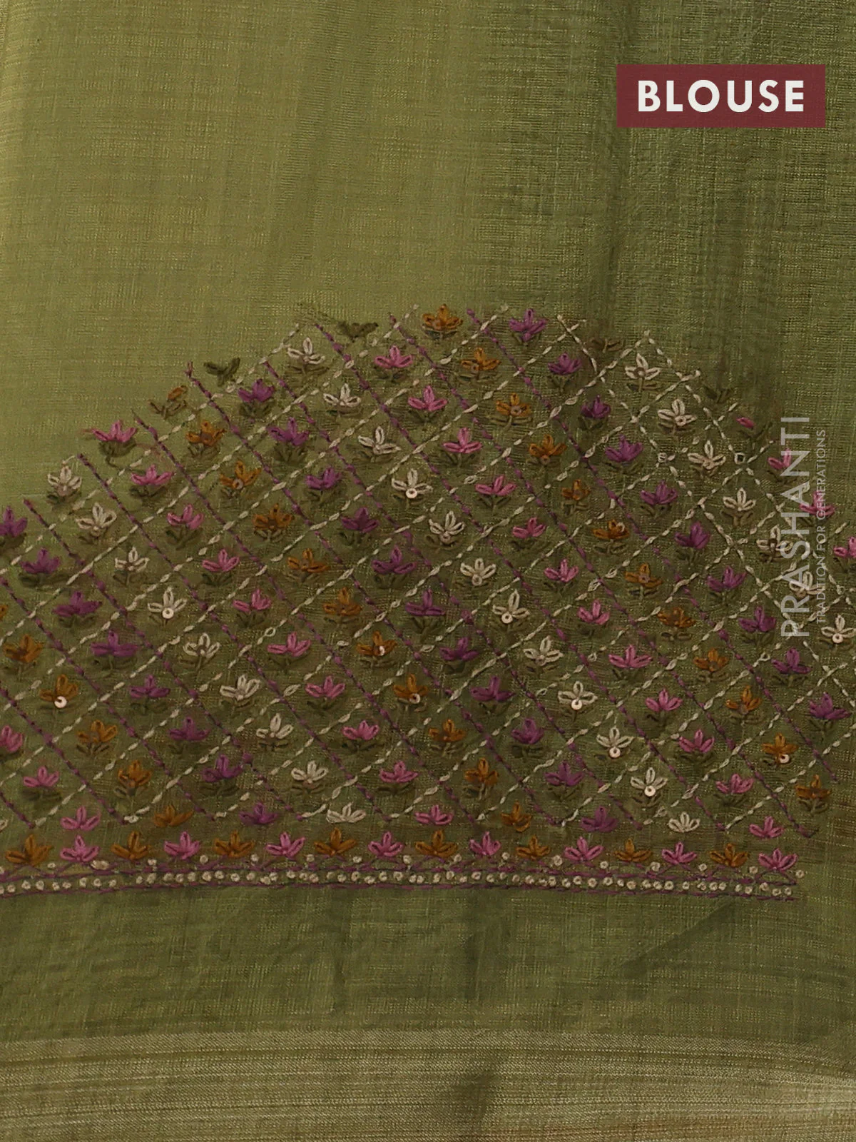 Linen cotton saree light green and maroon with kantha stitch work and zari woven border - Image 3