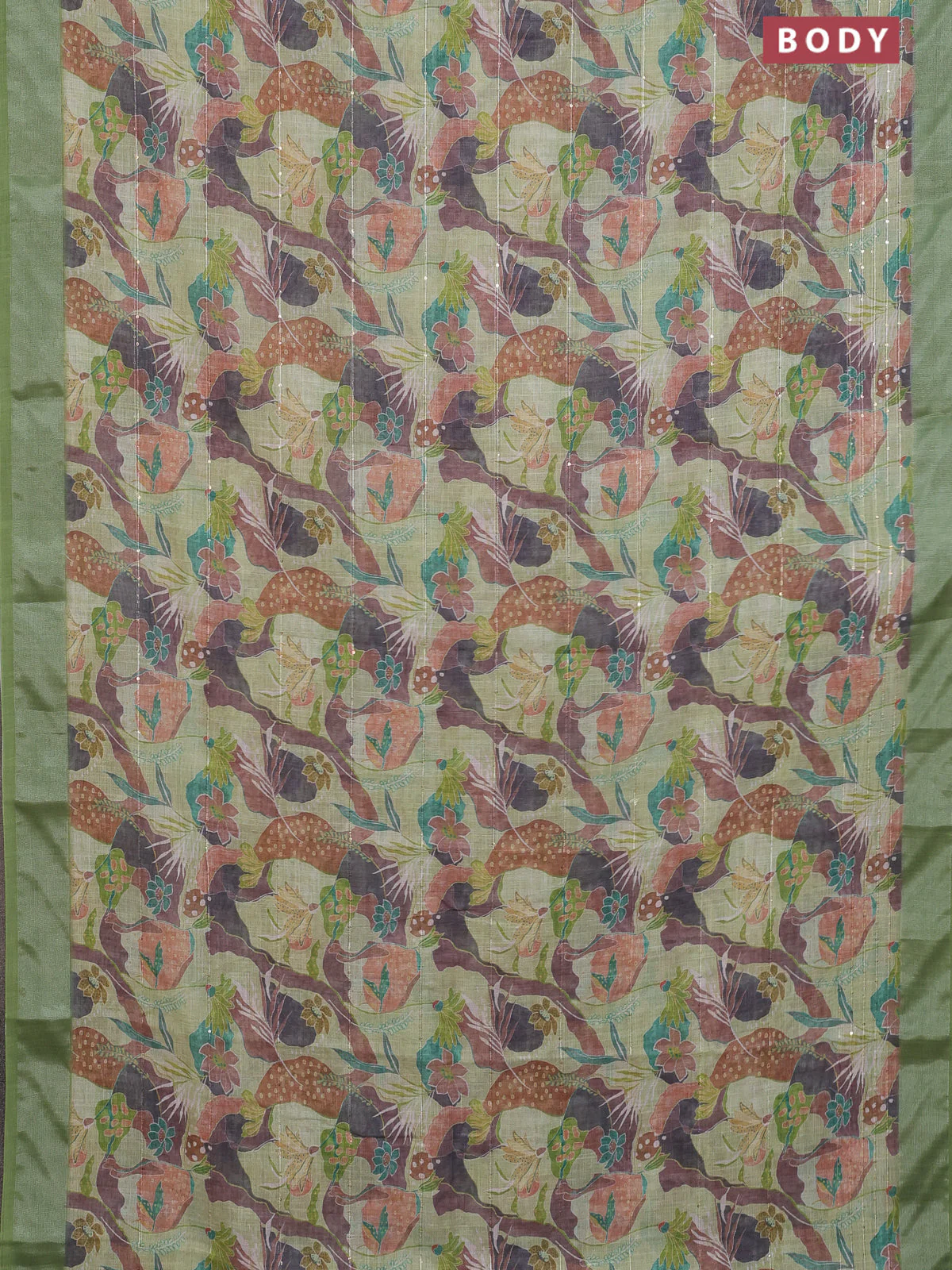 Linen cotton saree light green with allover floral prints & sequin work and silver zari woven border - Image 2