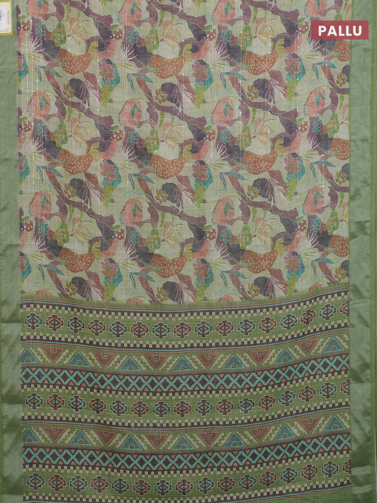 Linen cotton saree light green with allover floral prints & sequin work and silver zari woven border - Image 3