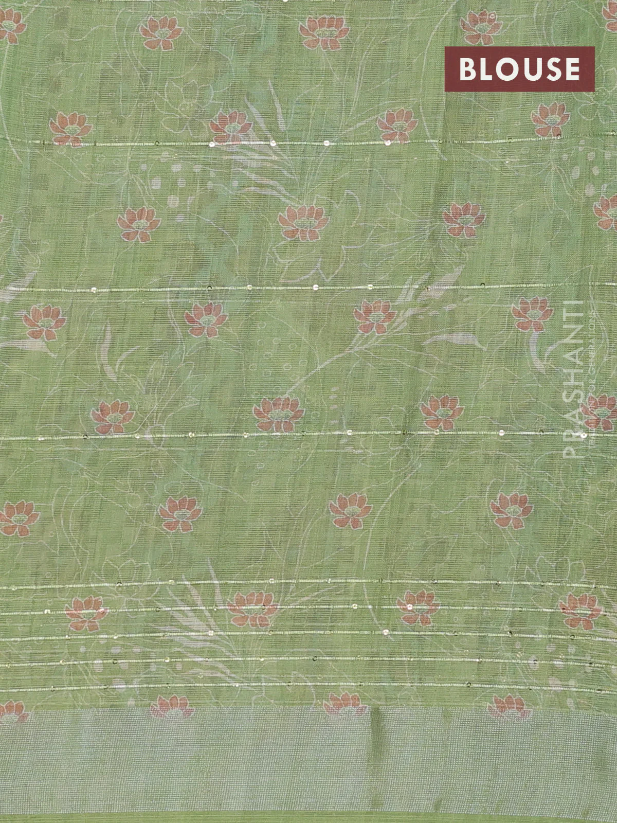 Linen cotton saree light green with allover floral prints & sequin work and silver zari woven border - Image 4