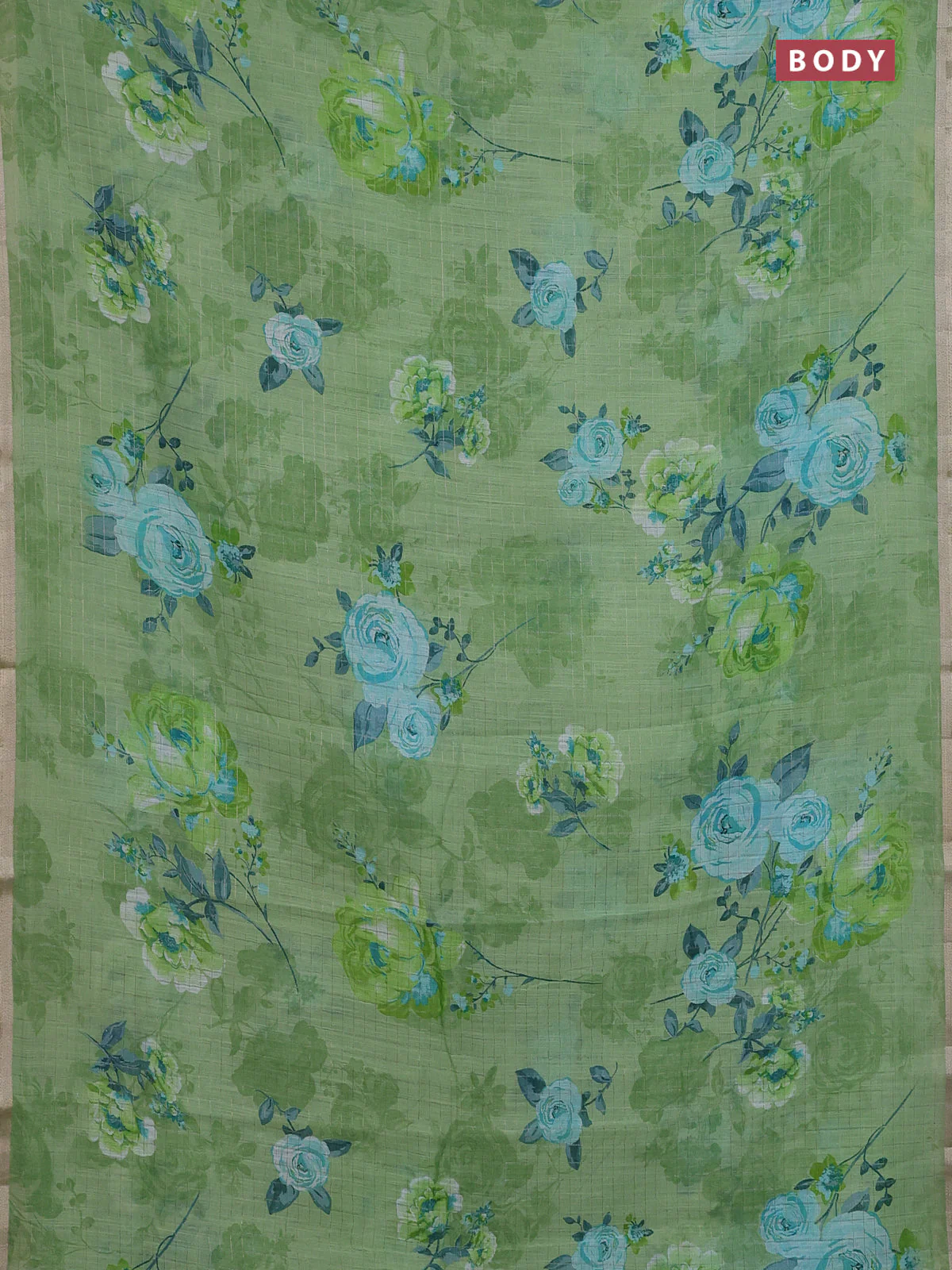Linen cotton saree light green with allover floral prints & zari checks and zari woven border - Image 2