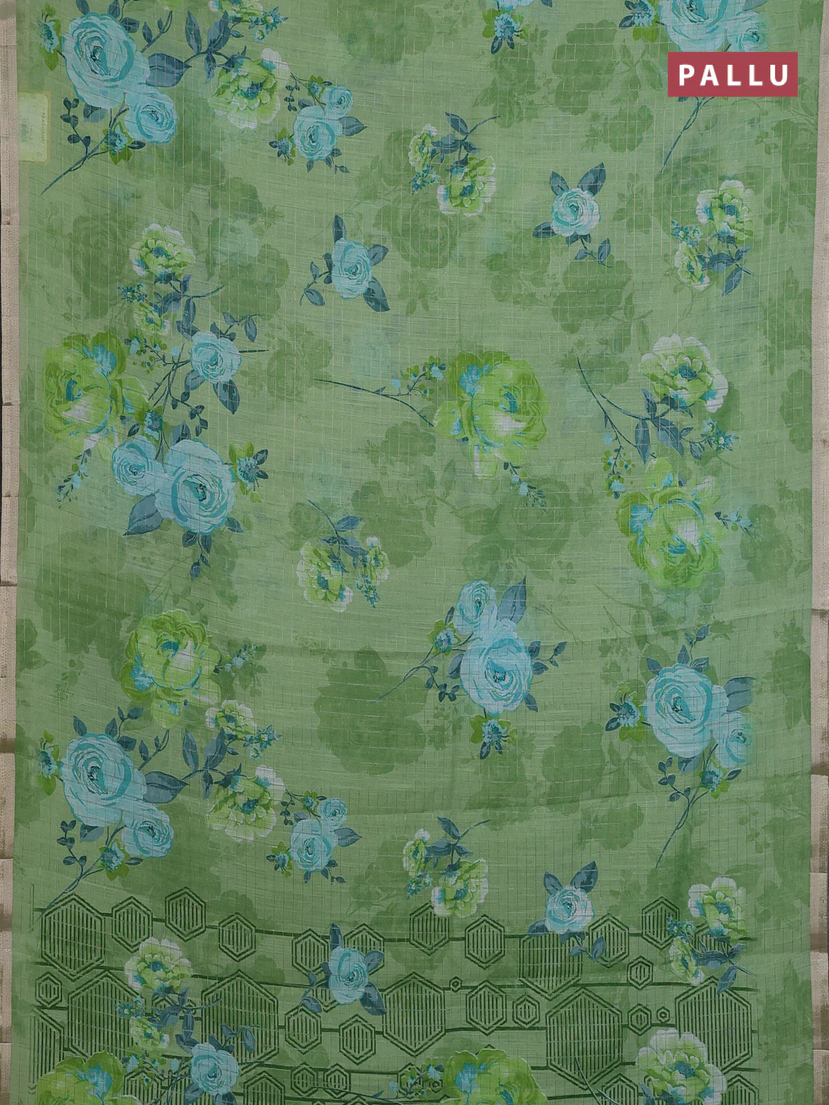 Linen cotton saree light green with allover floral prints & zari checks and zari woven border - Image 3