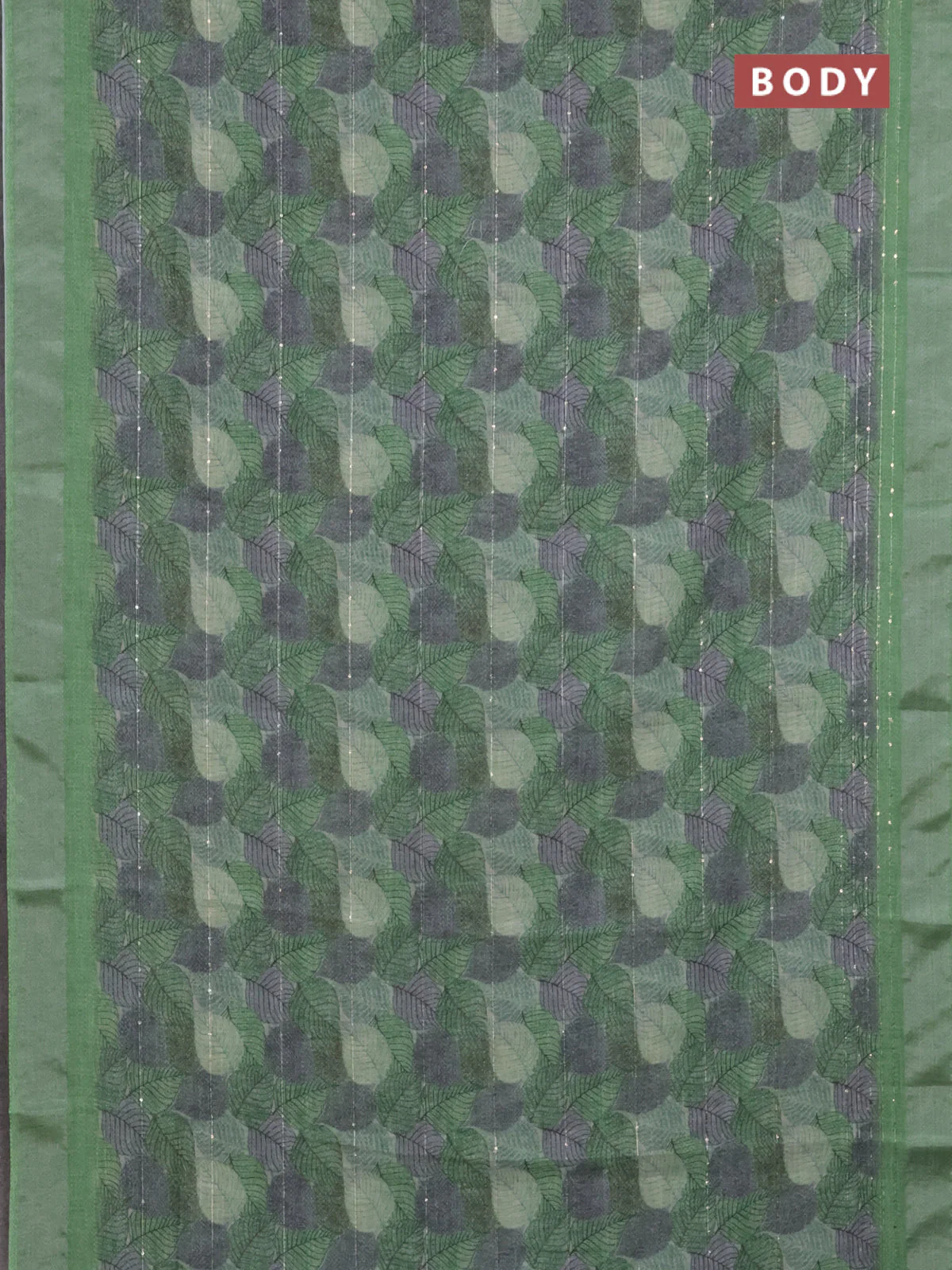 Linen cotton saree light green with allover leaf prints & sequin work and silver zari woven border - Image 2